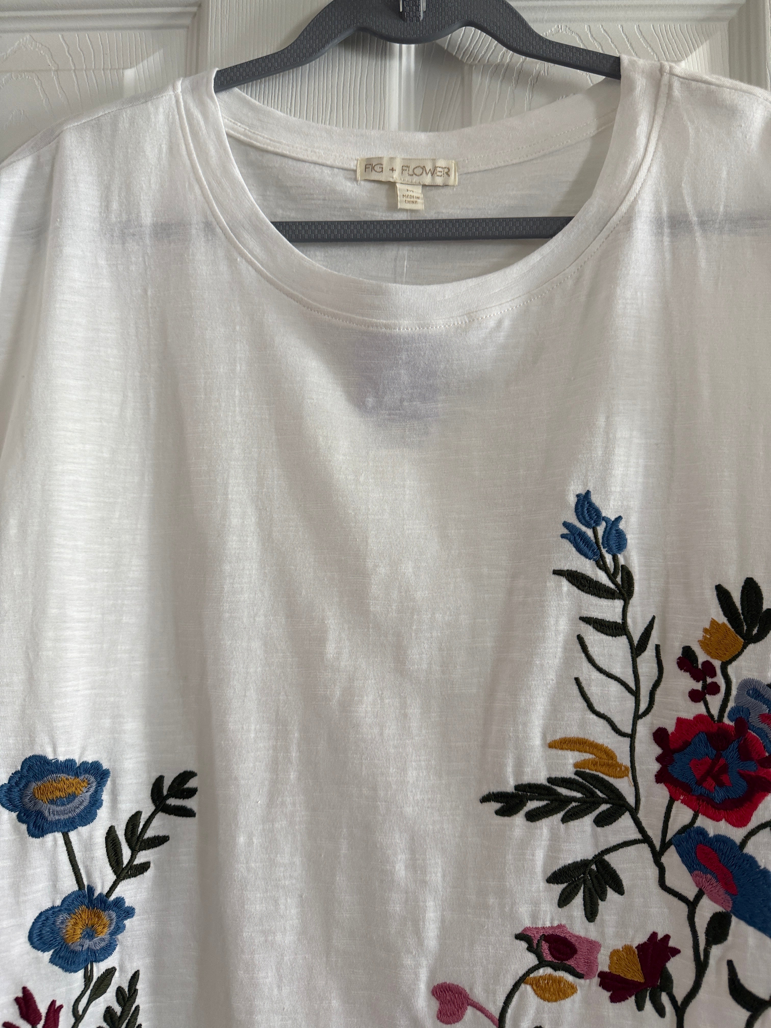 Fig & Flower White Short Sleeve Tee with Multicolor Floral Embroidery