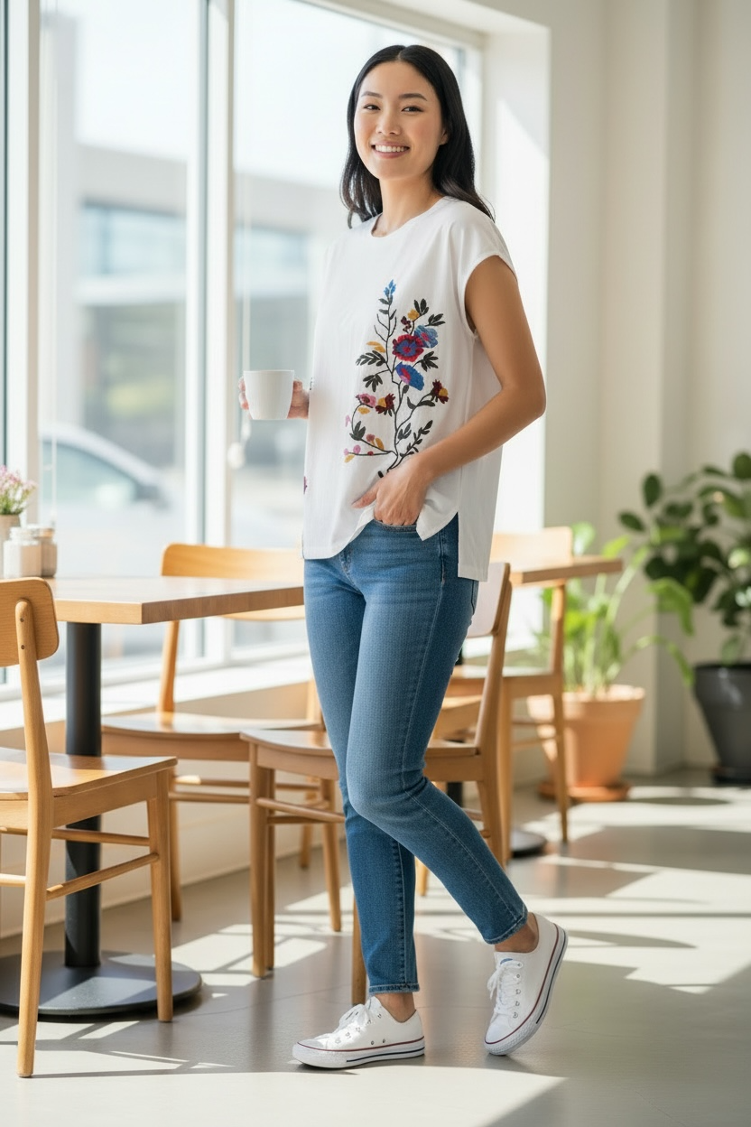 Fig & Flower White Short Sleeve Tee with Multicolor Floral Embroidery