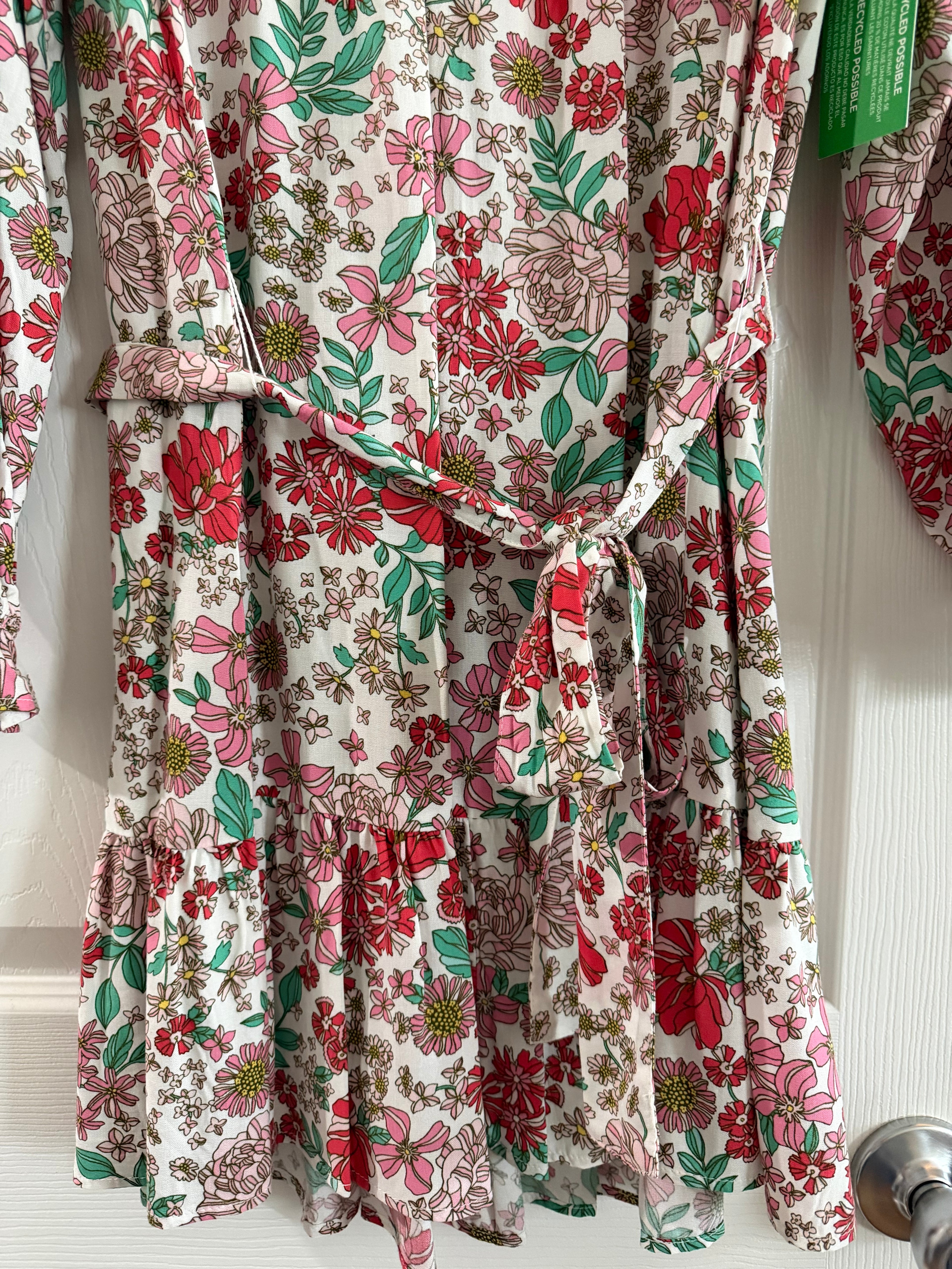 Floral Tie-Waist Midi Sleeve Dress-White with Red & Pink Flowers