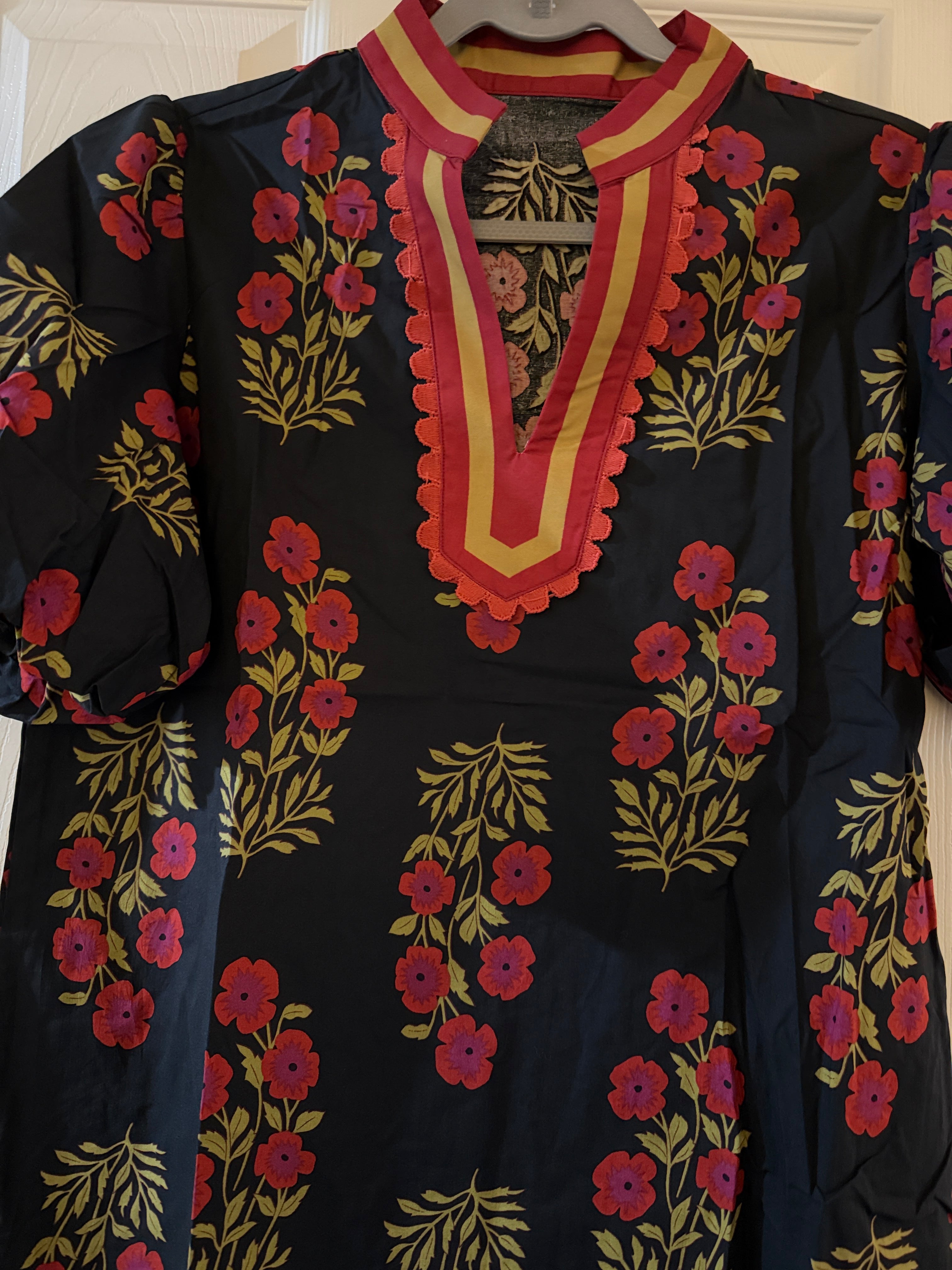 Black Floral Split-Neck Top with Pink & Gold Accents