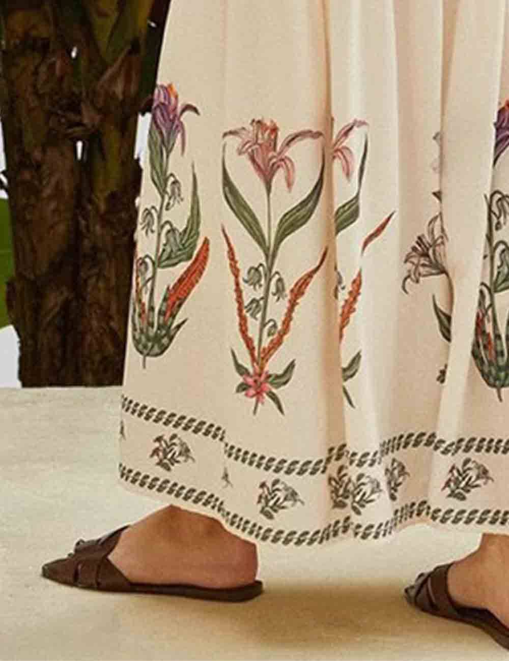 Ladies Floral Print Tiered Backless Maxi Dress: White / M