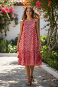 Red Floral Tie-Strap Tiered Dress