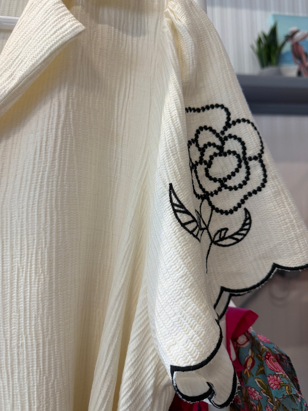 Umgee Cream Button-Front Dress with Black Floral Embroidery