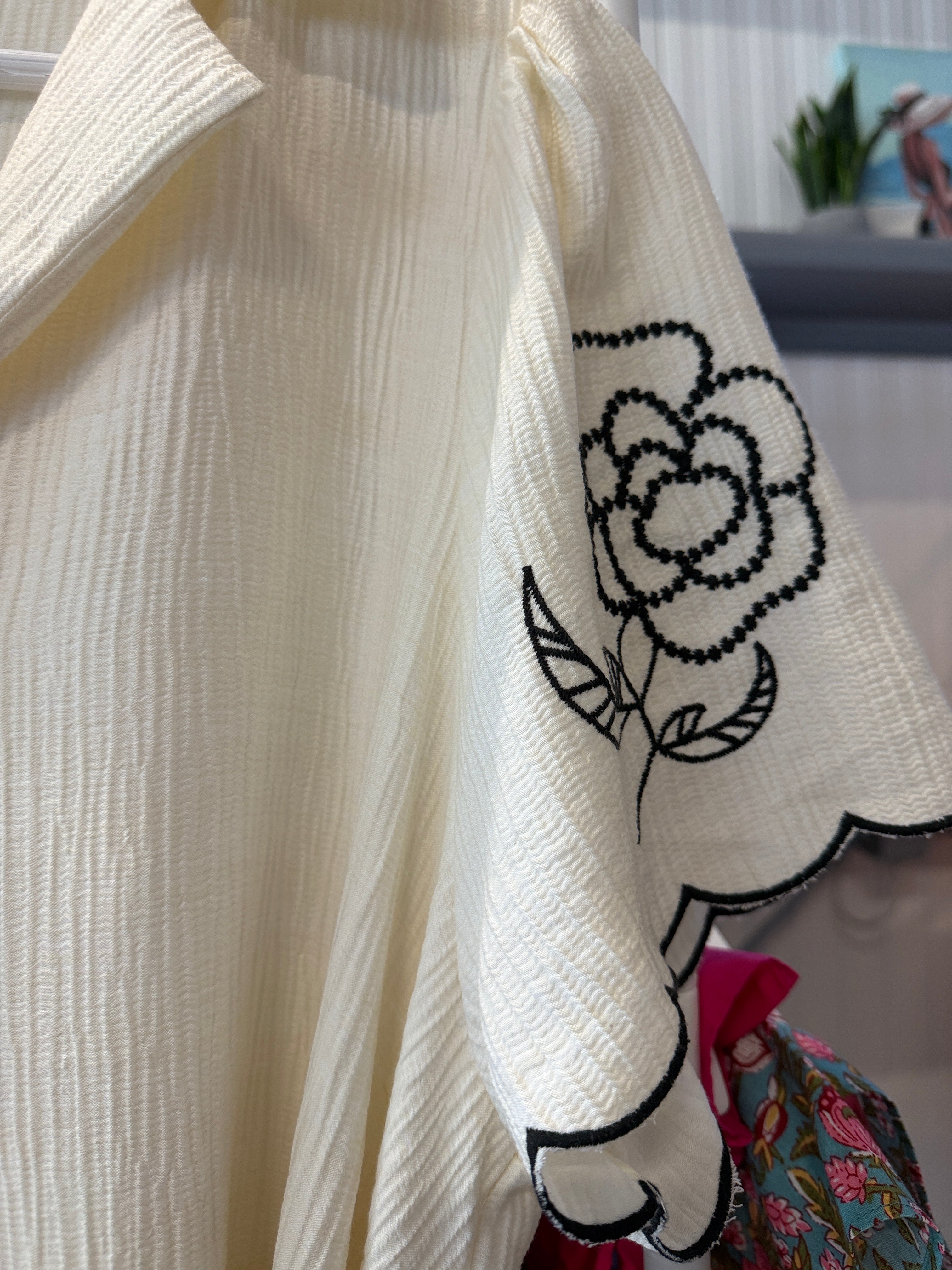 Umgee Cream Button-Front Dress with Black Floral Embroidery