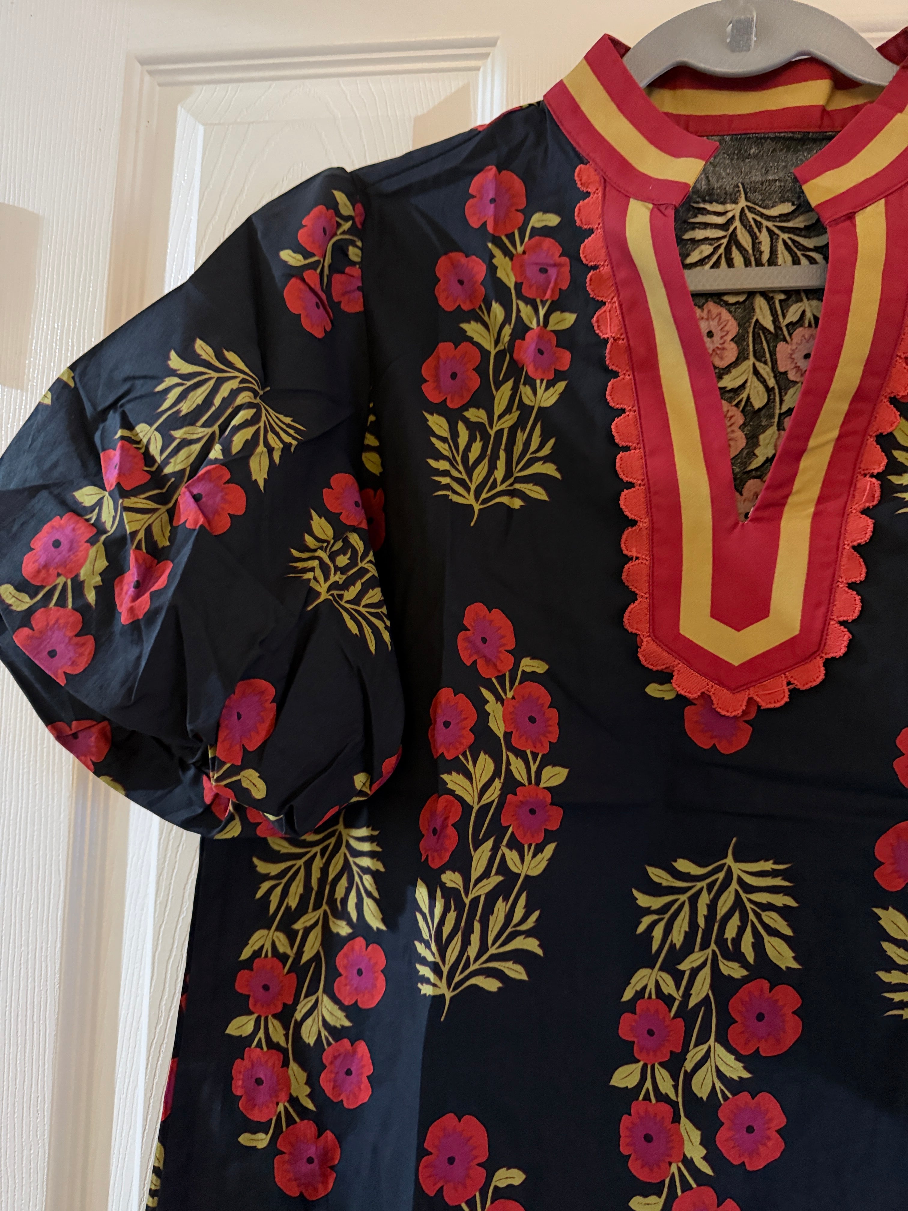 Black Floral Split-Neck Top with Pink & Gold Accents