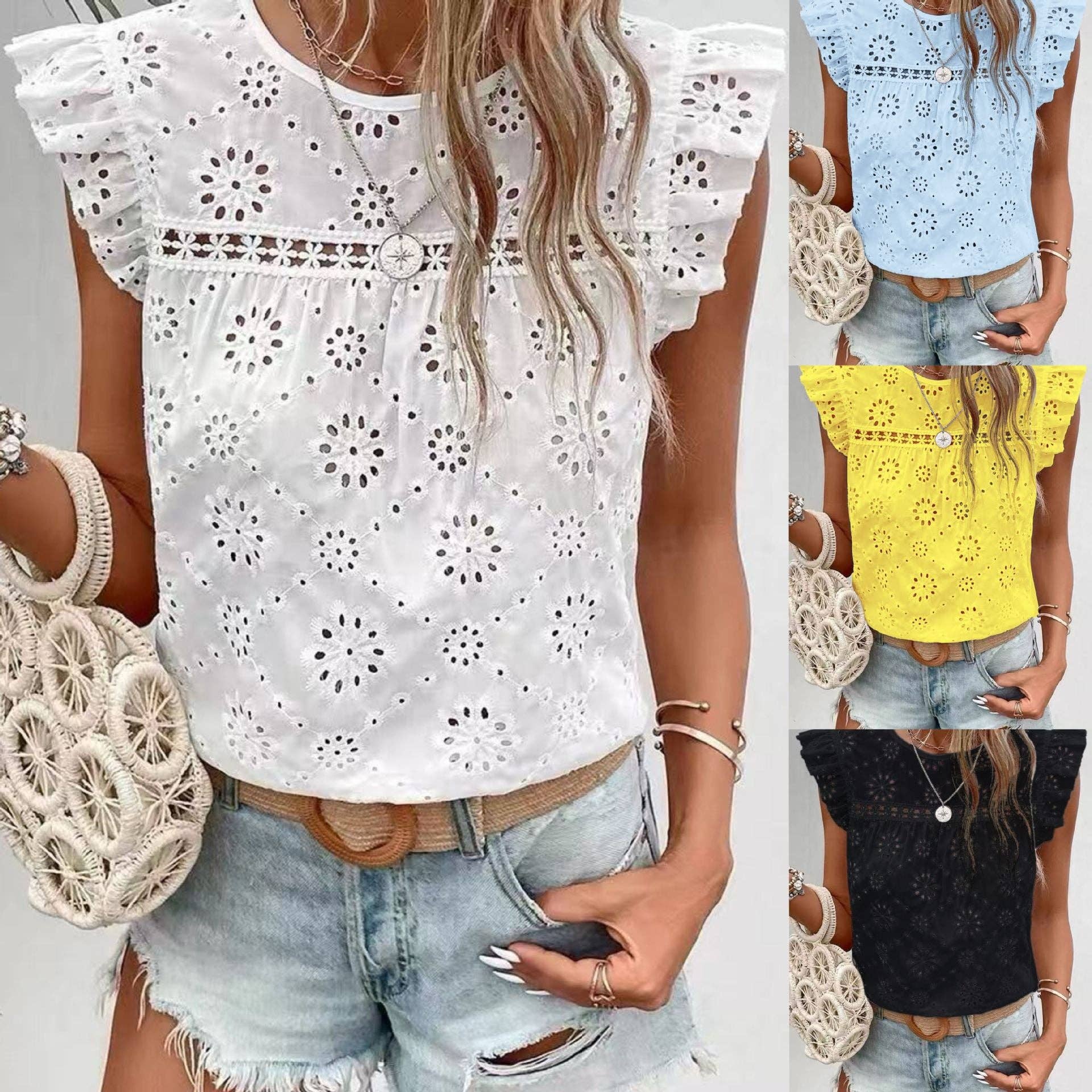Women's Summer Ruffle Sleeveless Hollow Out Top: Yellow / M