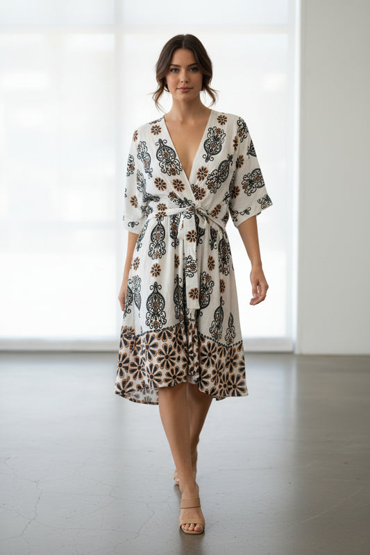 Boho Tie-Front Midi Dress in White with Black & Brown Floral Print