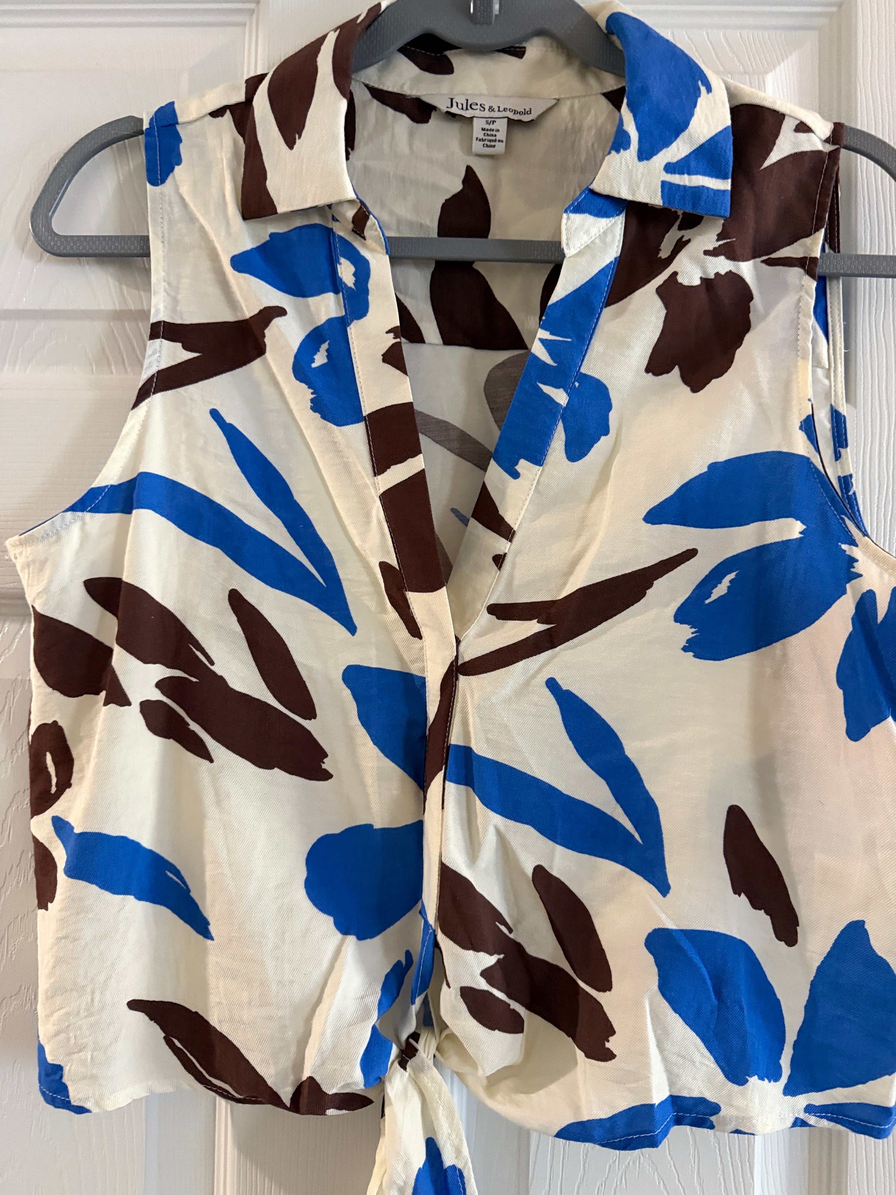 Jules & Leopold Cream Sleeveless Tie-Front Top with Blue and Brown Floral Print