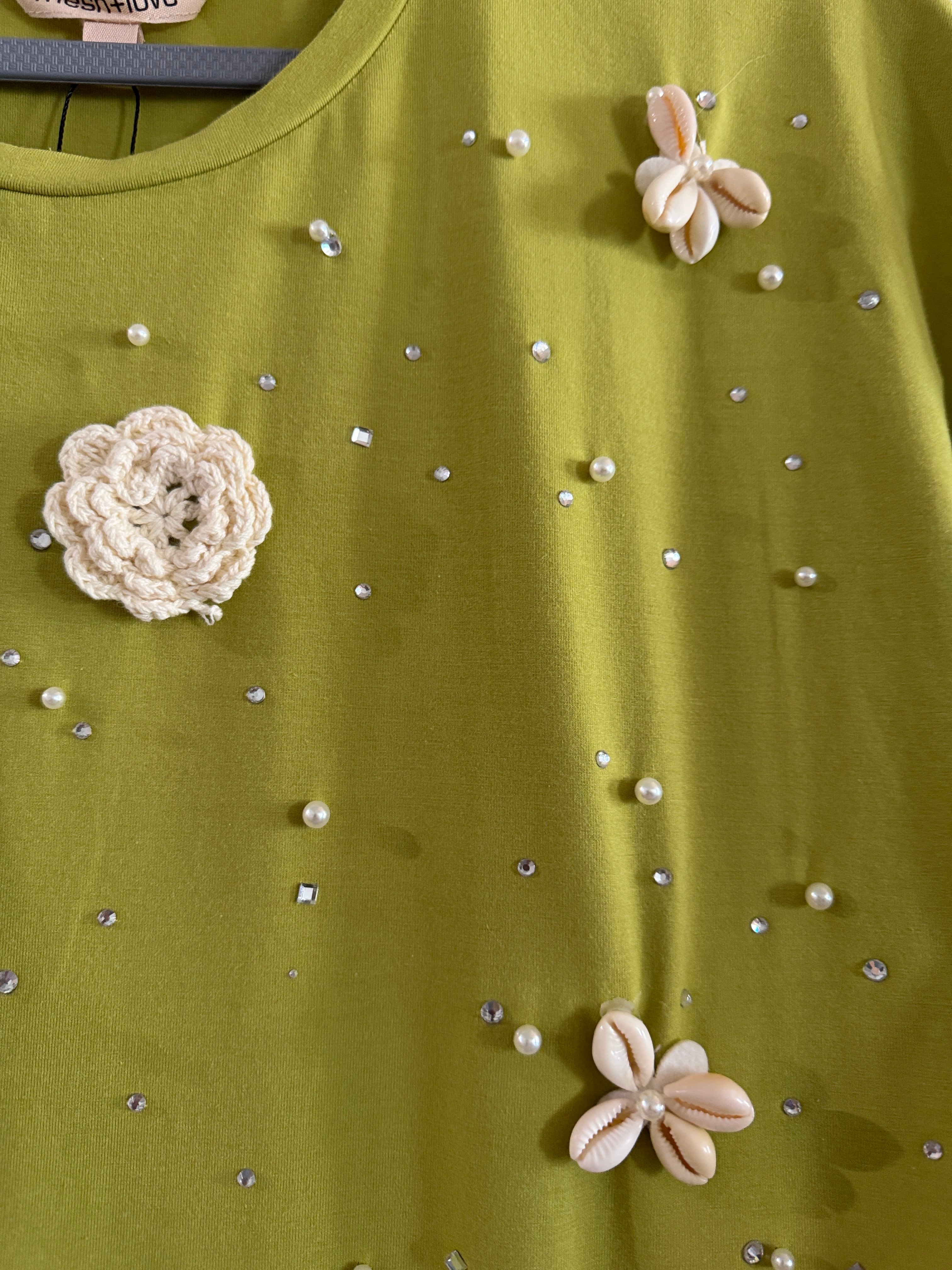 Mesh + Love Citrine Green Embellished Floral Tee