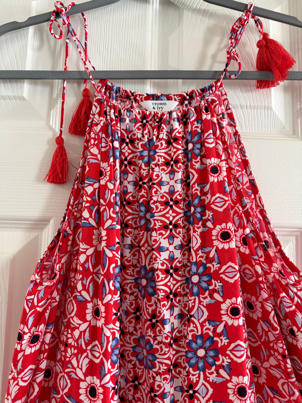 Red Floral Tie-Strap Tiered Dress