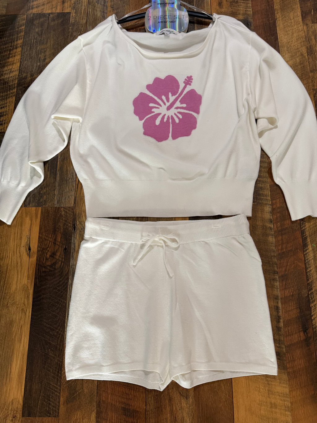 2 Piece Set Women’s Cream Sweater with Pink Hibiscus Graphic