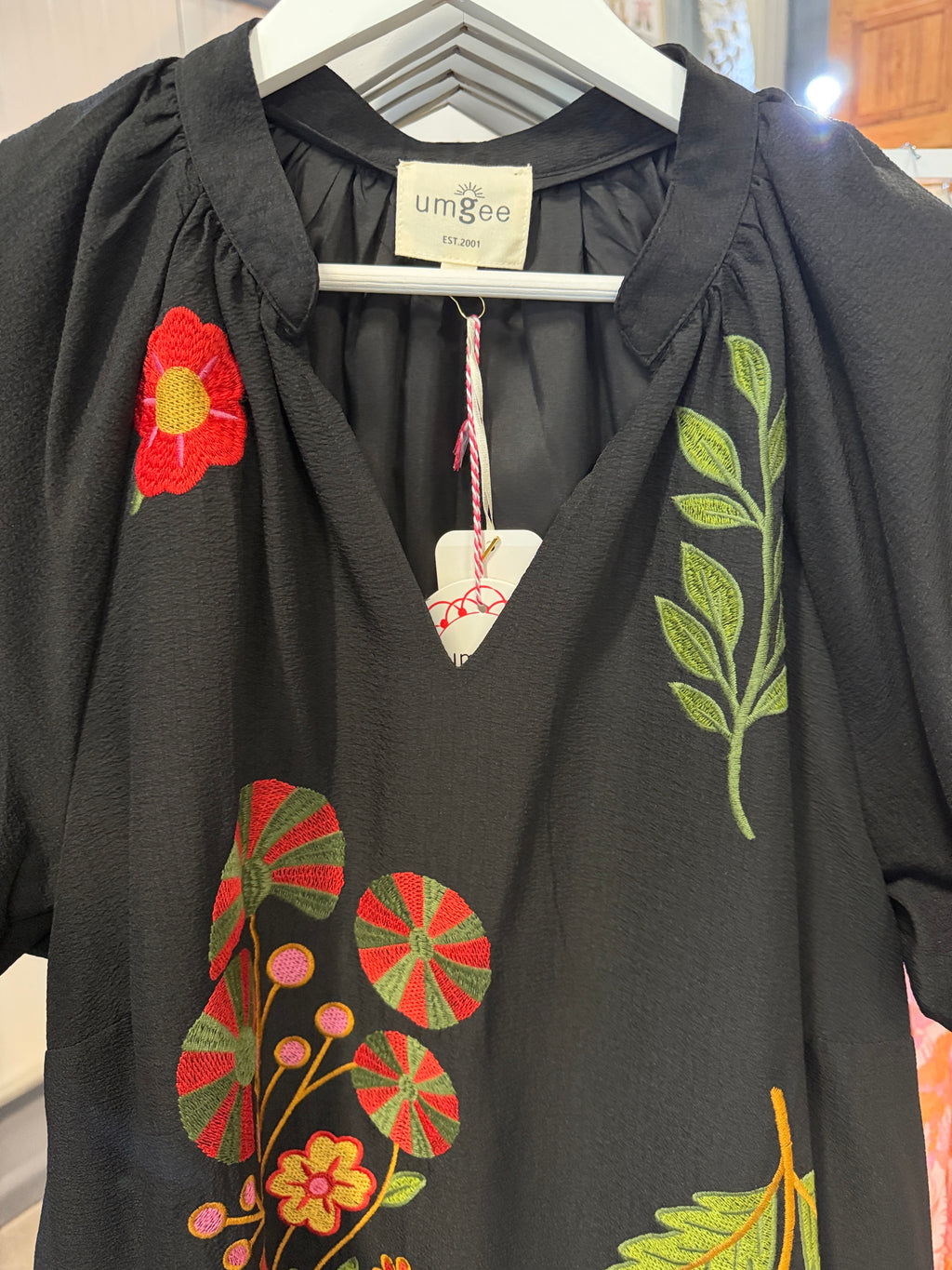 Umgee Black Tunic Dress with Multicolor Floral Embroidery