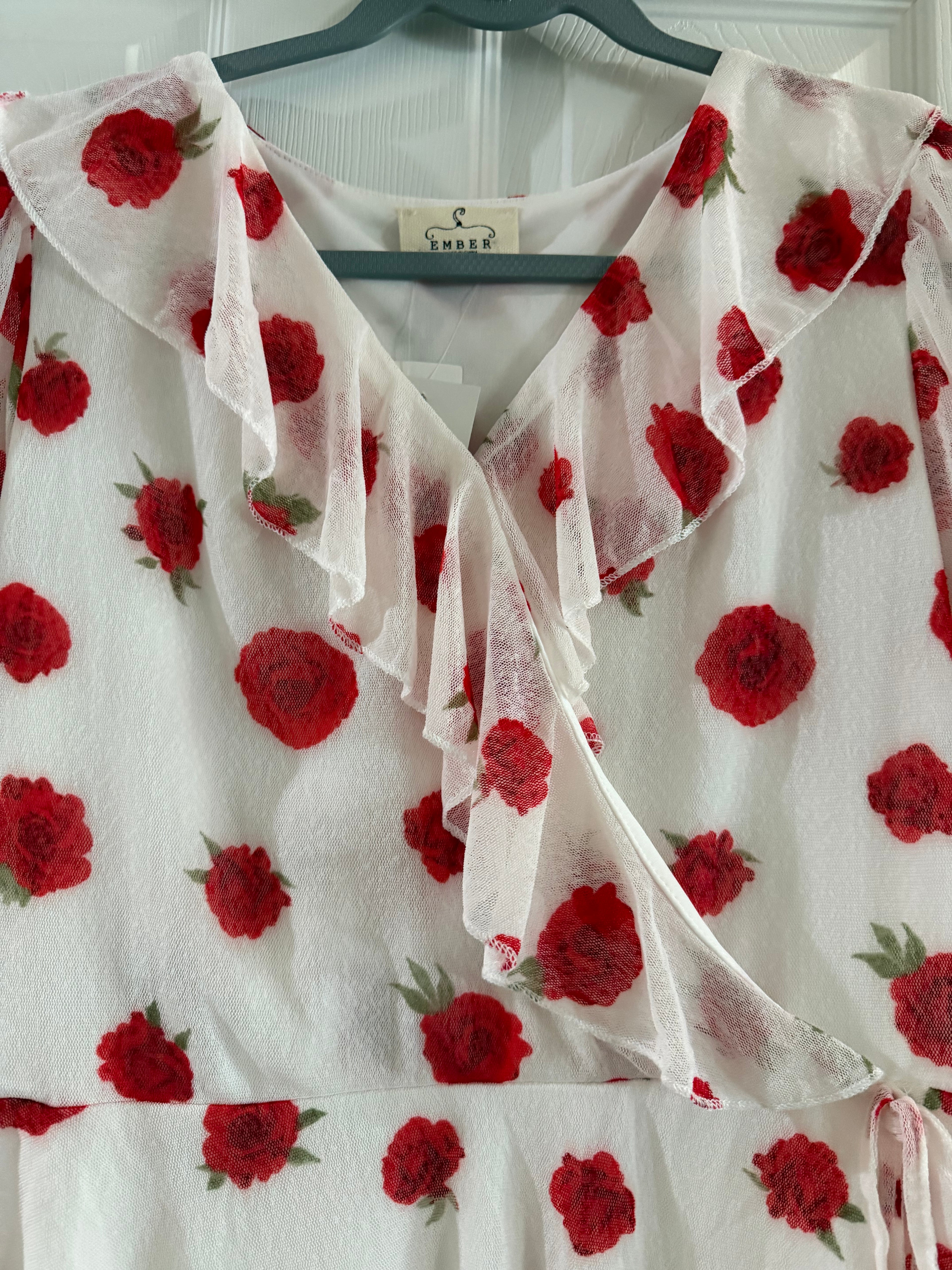 Red Rose Print Wrap Blouse in White