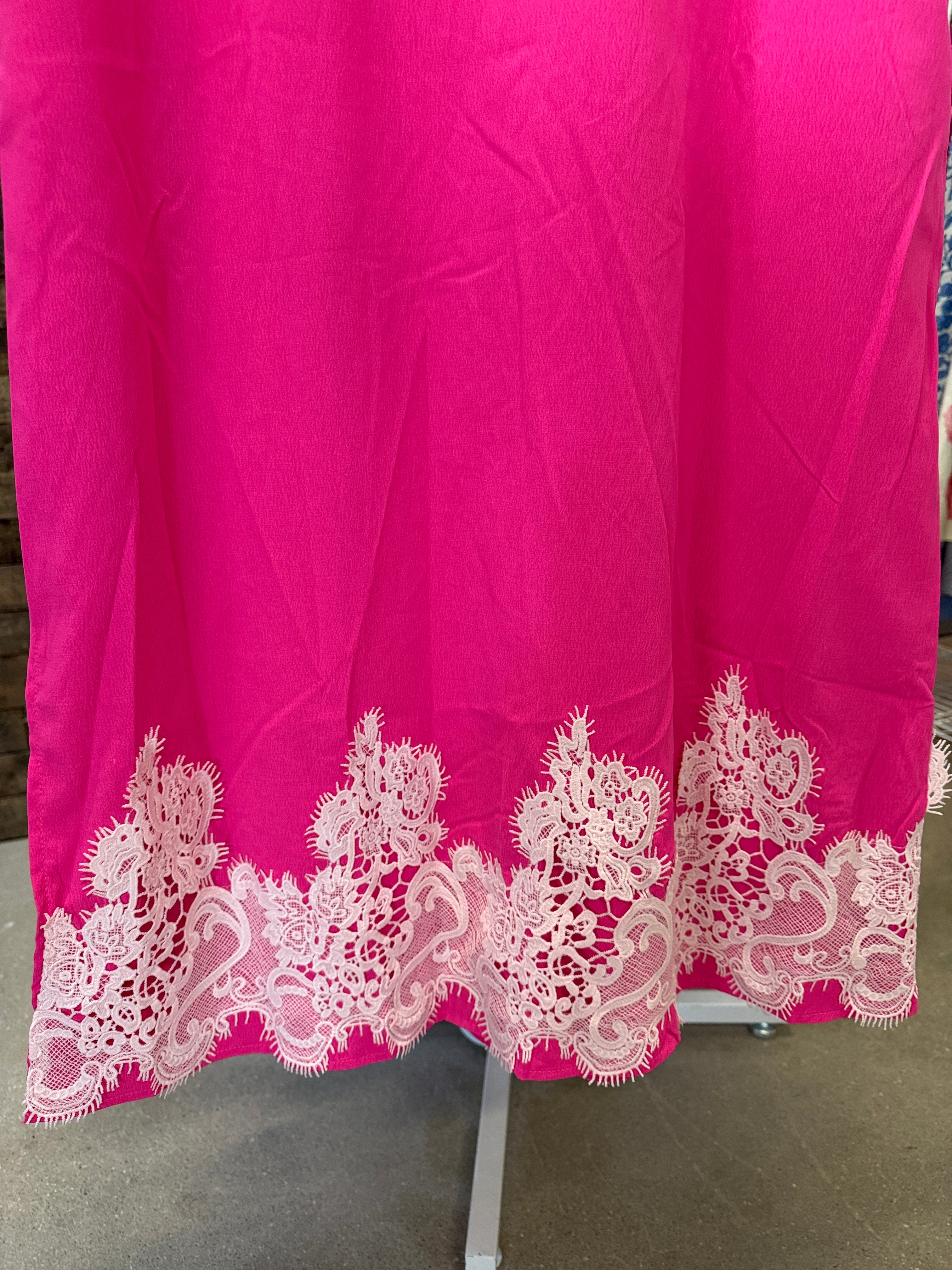 Jodifl Hot Pink Midi Dress with White Lace Hem