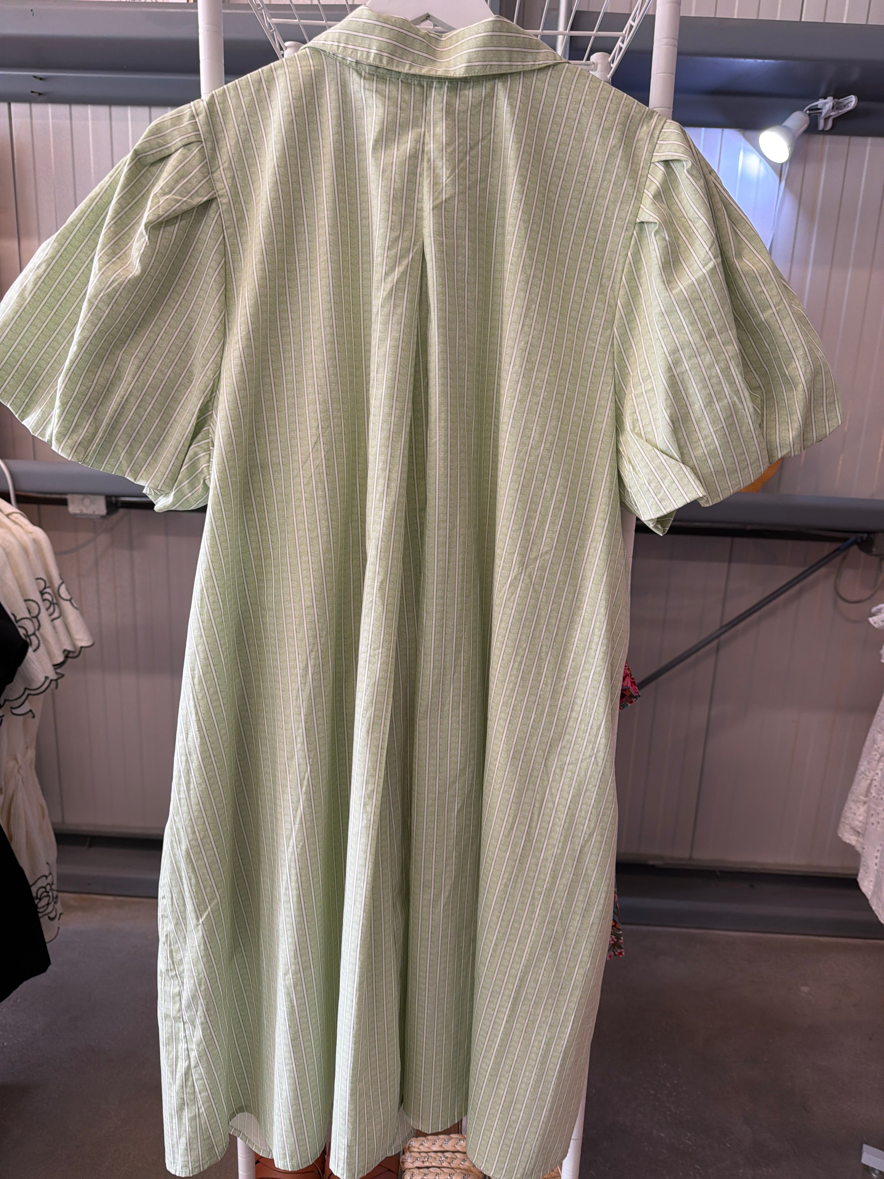 Sage Green and Cream Striped Midi Dress with Puff Sleeves – Southern Charm Boutique & Consignment