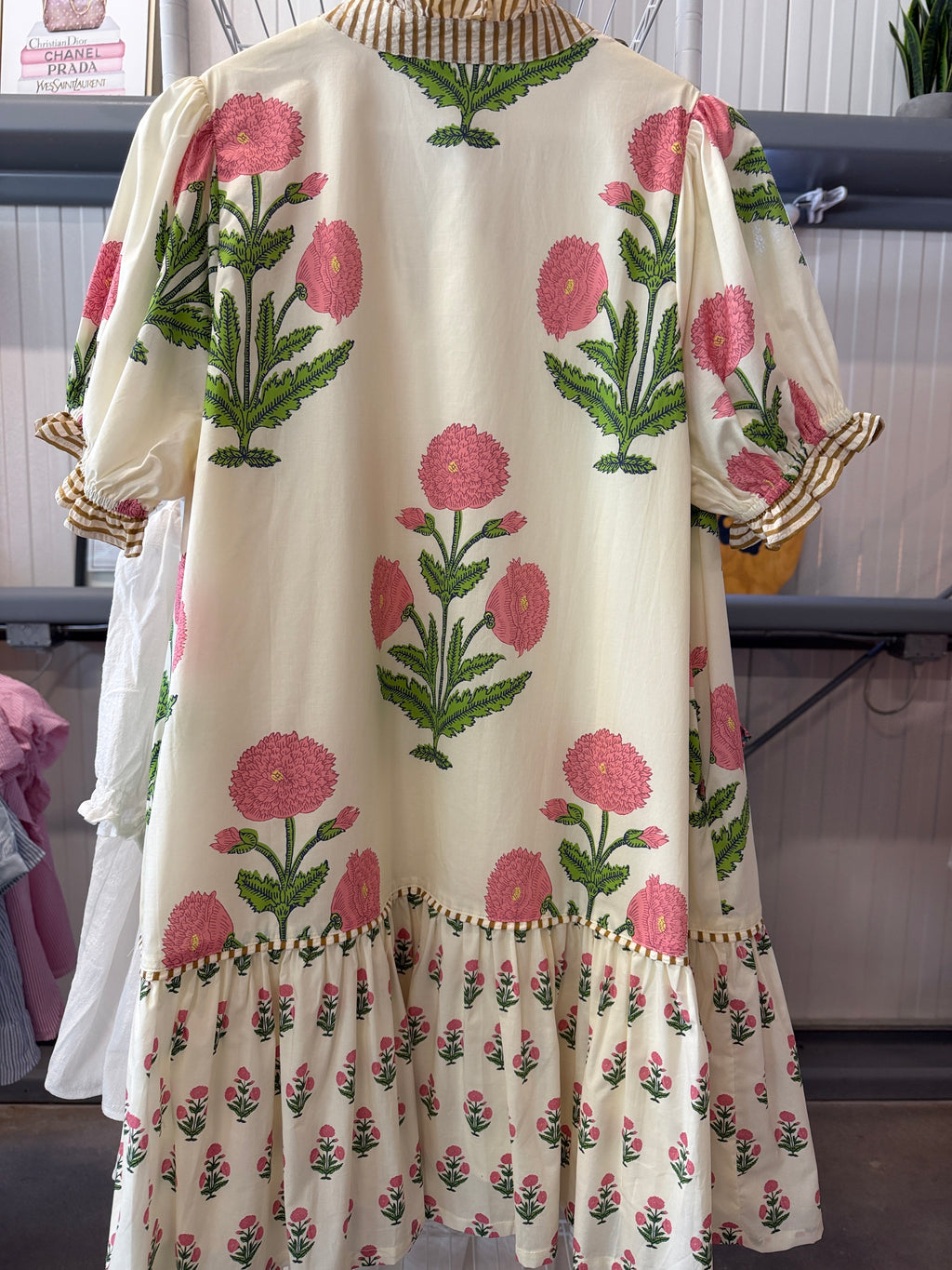 Umgee Cream Midi Dress with Pink Floral Print and Green Leaves
