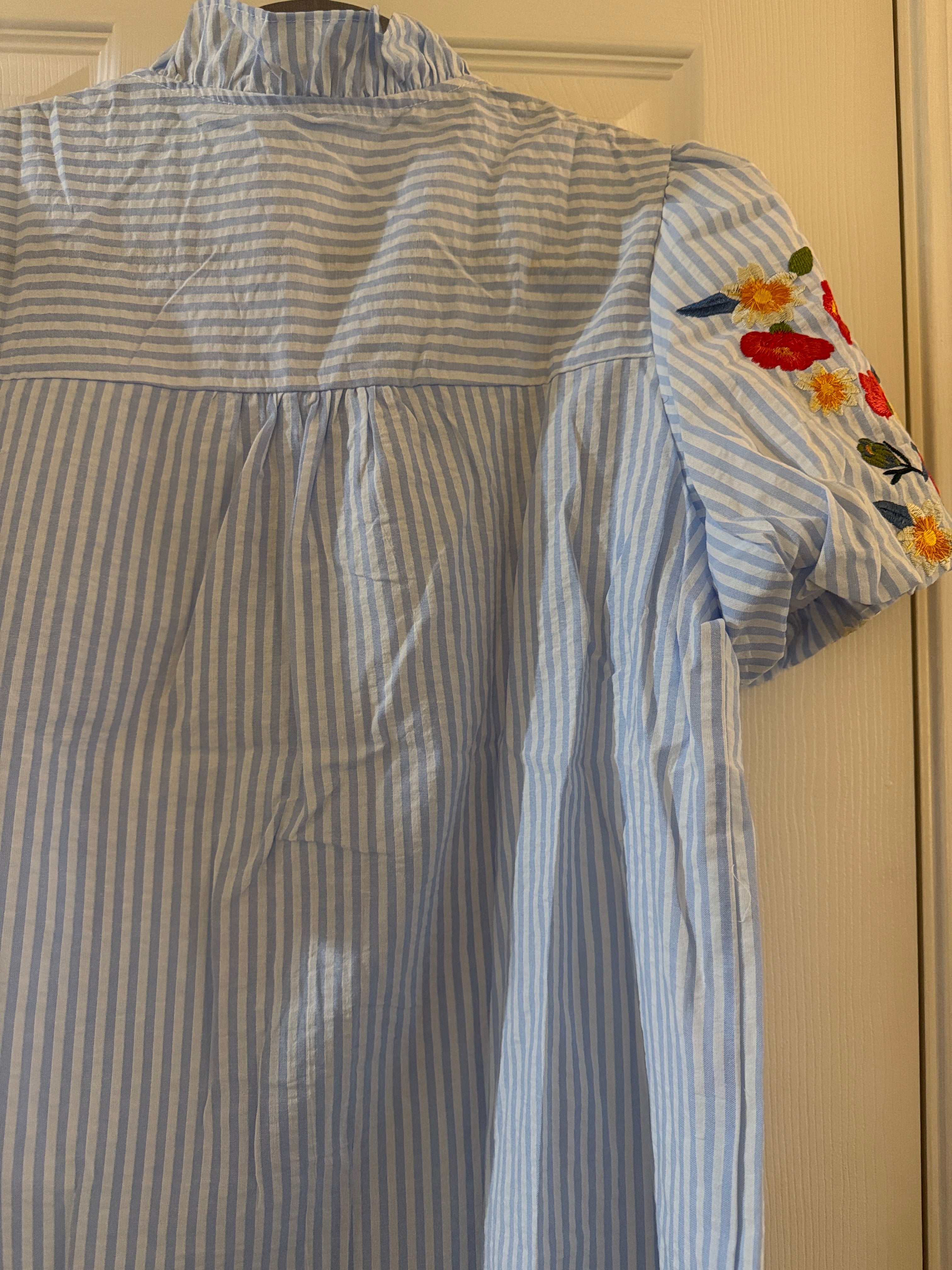 Light Blue Striped Ruffle Front Blouse with Floral Embroidered Sleeves