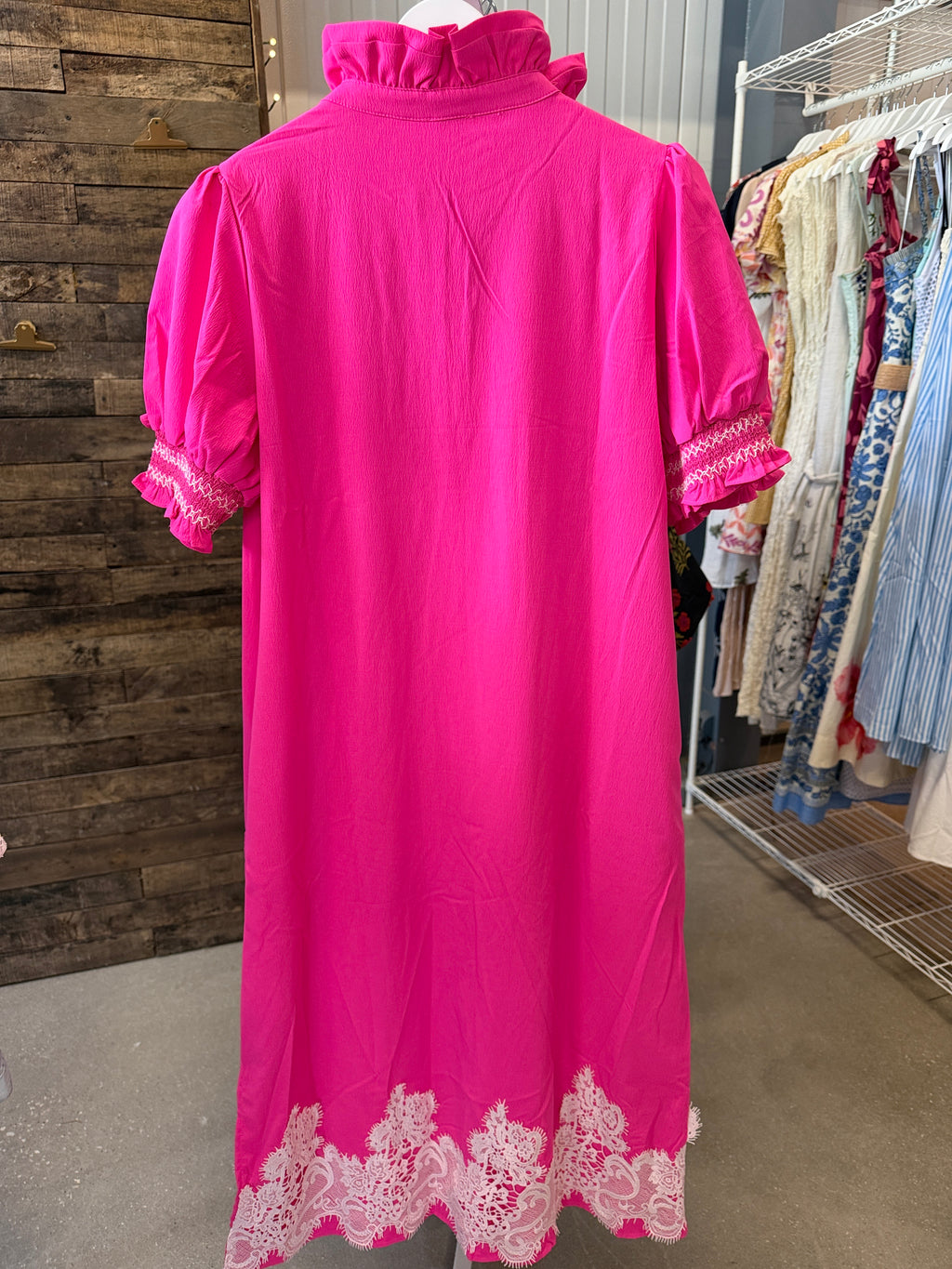 Jodifl Hot Pink Midi Dress with White Lace Hem