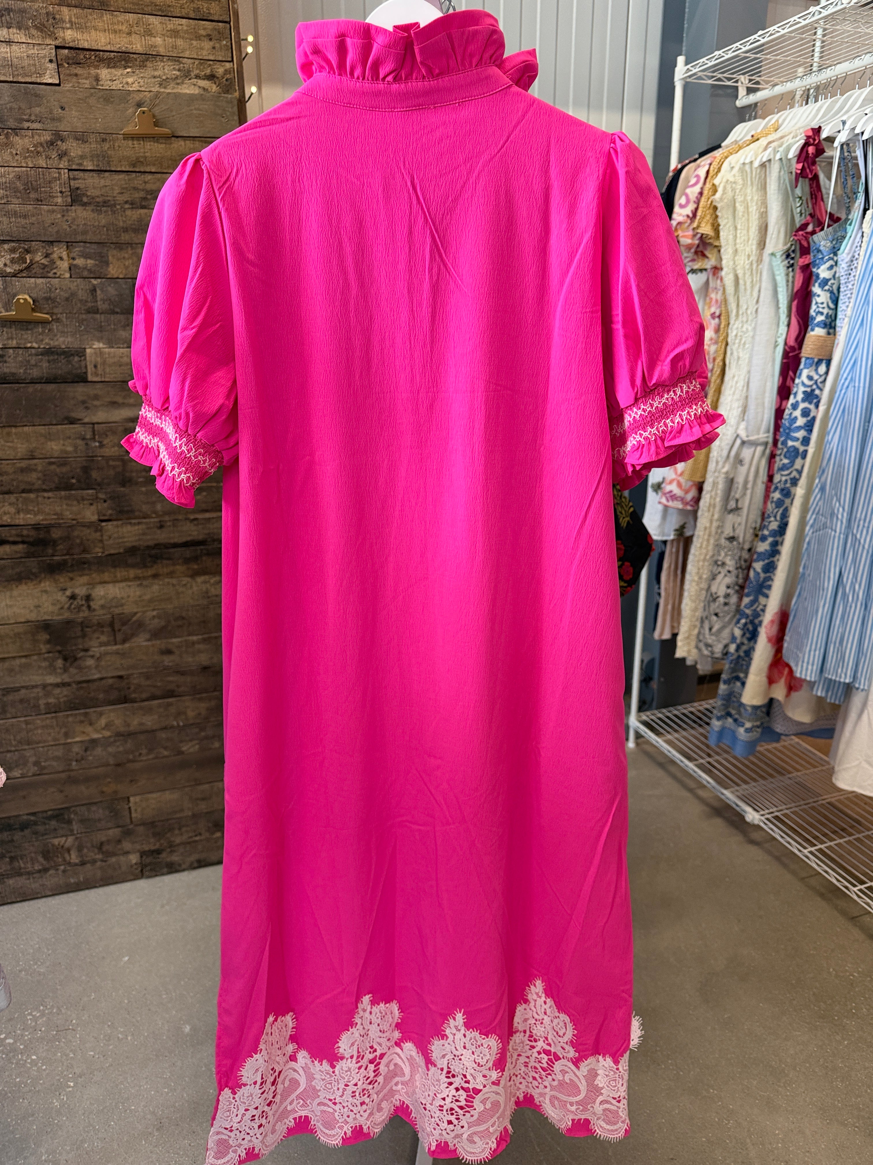 Jodifl Hot Pink Midi Dress with White Lace Hem