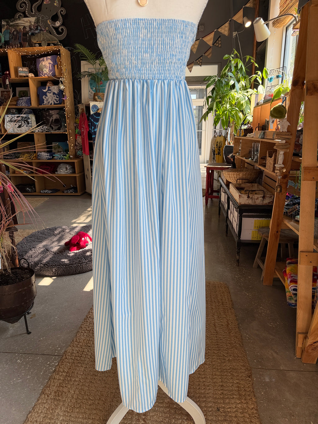 Striped Blue Halter Maxi Dress with Brown Trim