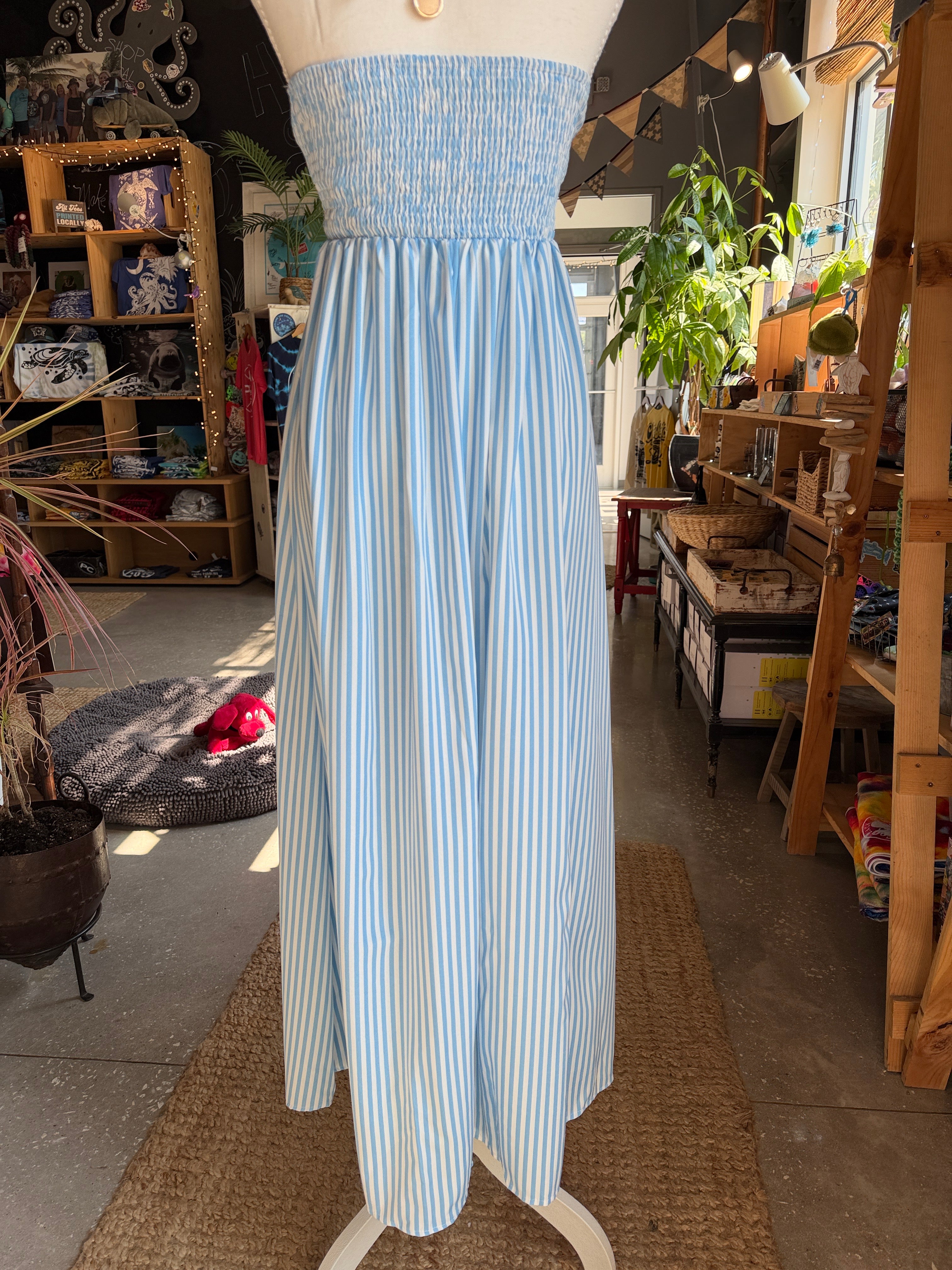 Striped Blue Halter Maxi Dress with Brown Trim