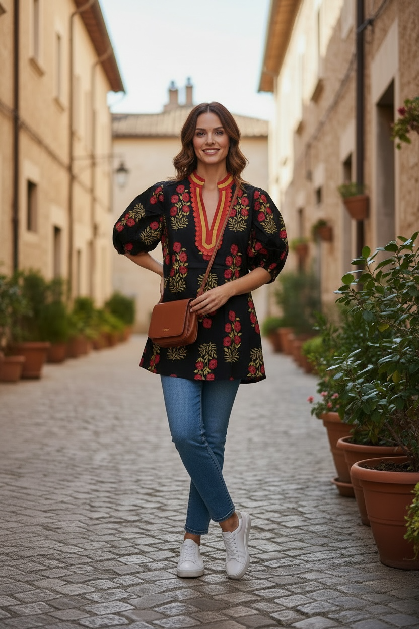 Black Floral Split-Neck Top with Pink & Gold Accents