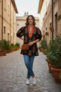 Black Floral Split-Neck Top with Pink & Gold Accents