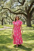 Bright Pink Floral Tiered Maxi Dress