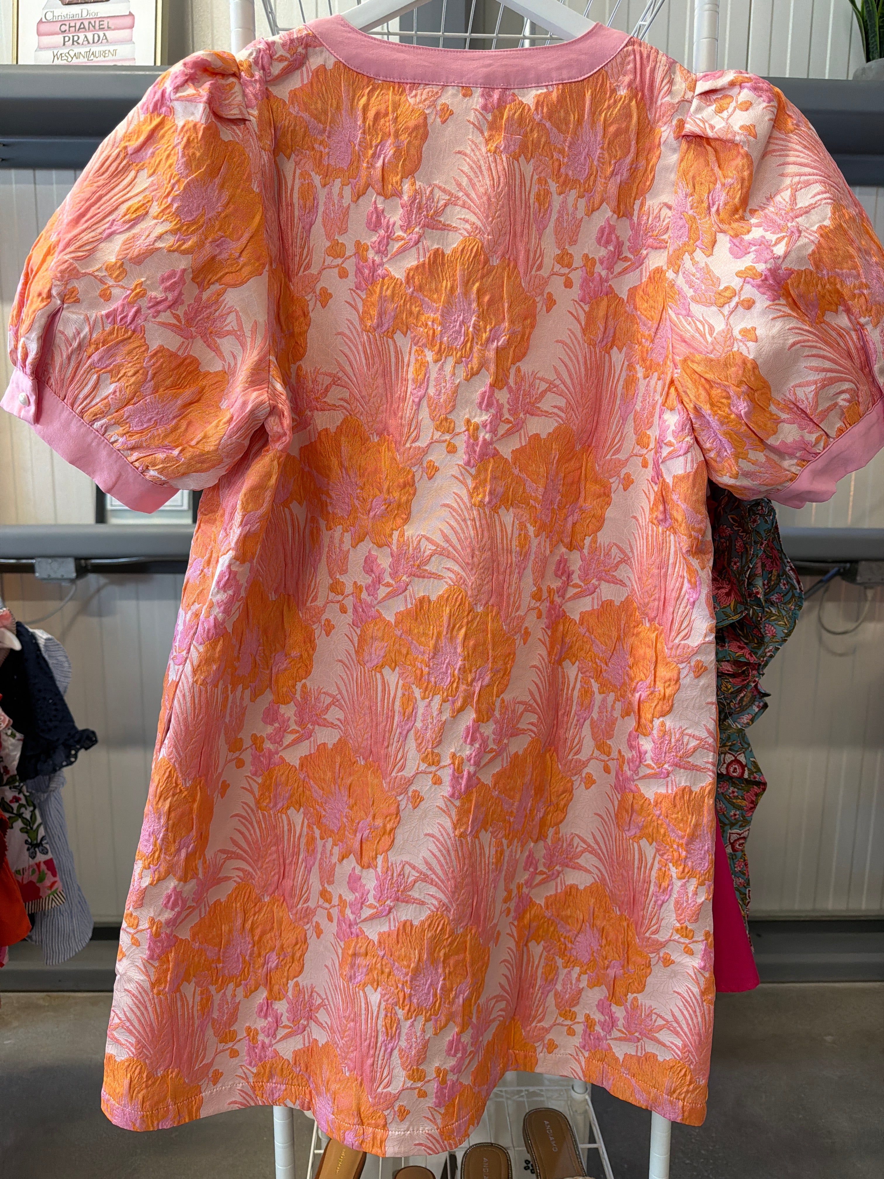 JODIFL Pink and Orange Floral Puff Sleeve Tunic Dress