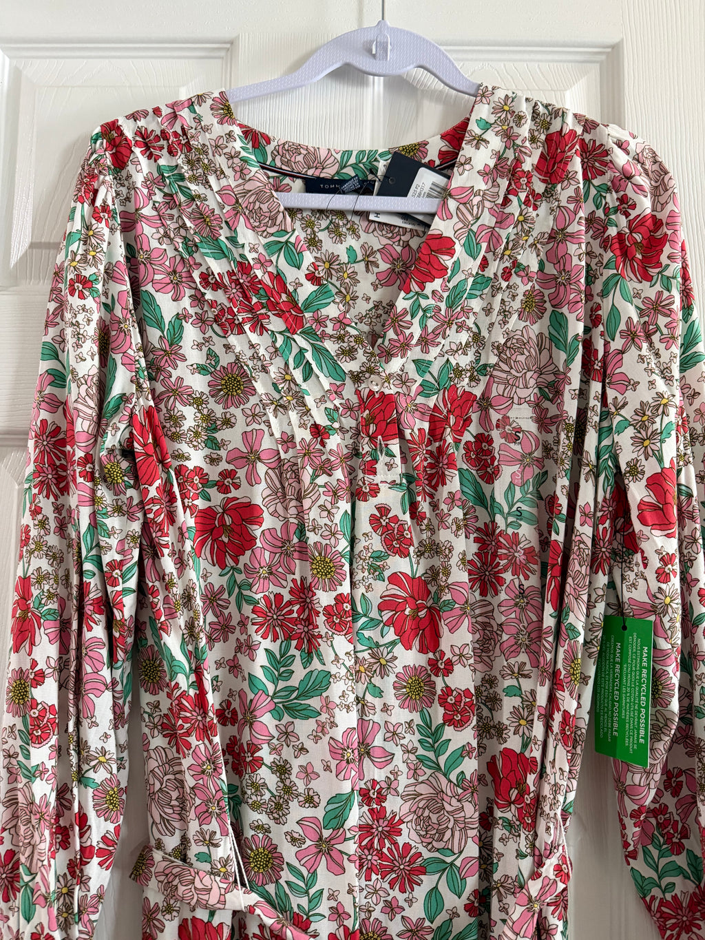 Floral Tie-Waist Midi Sleeve Dress-White with Red & Pink Flowers