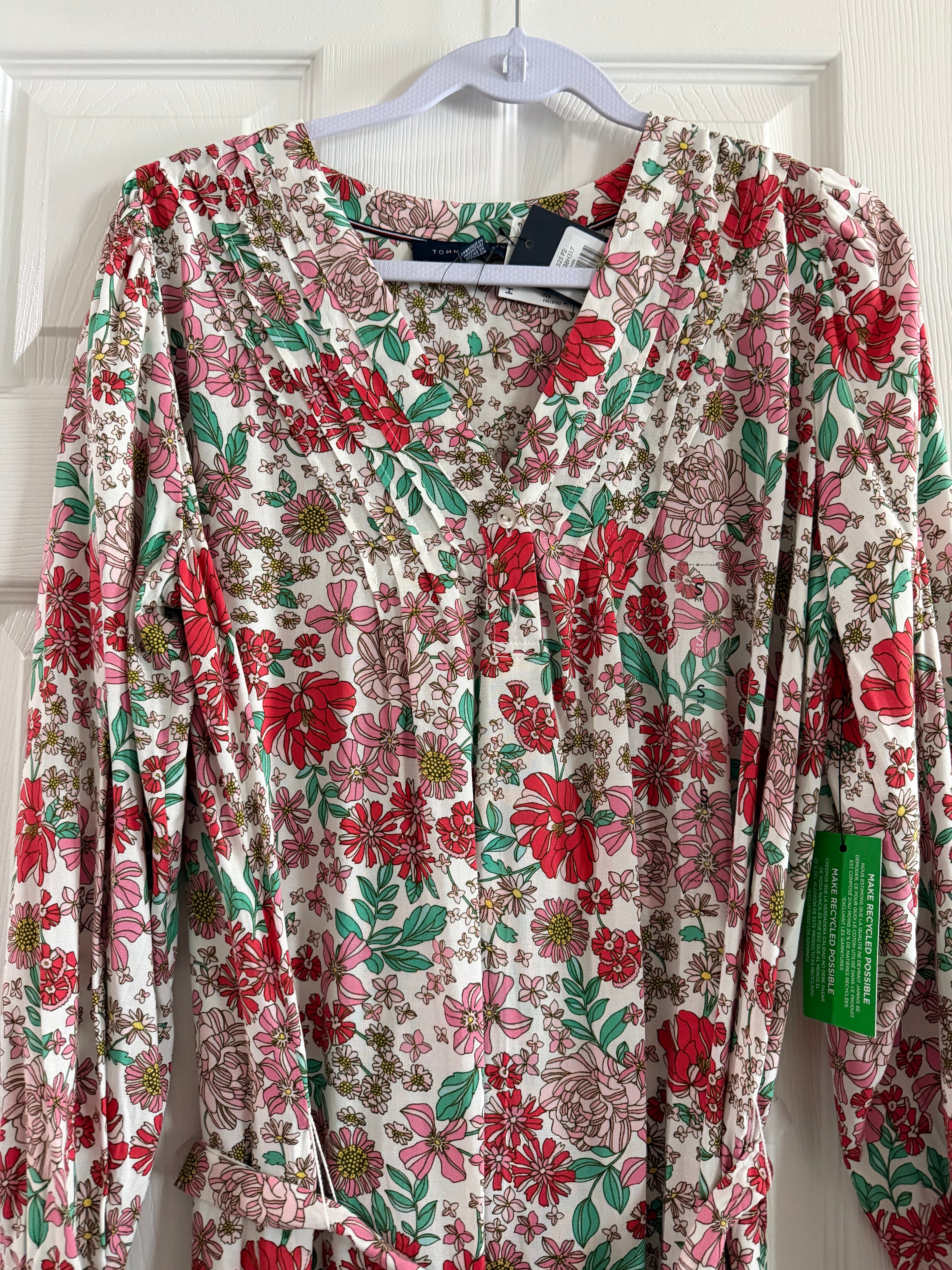 Floral Tie-Waist Midi Sleeve Dress-White with Red & Pink Flowers