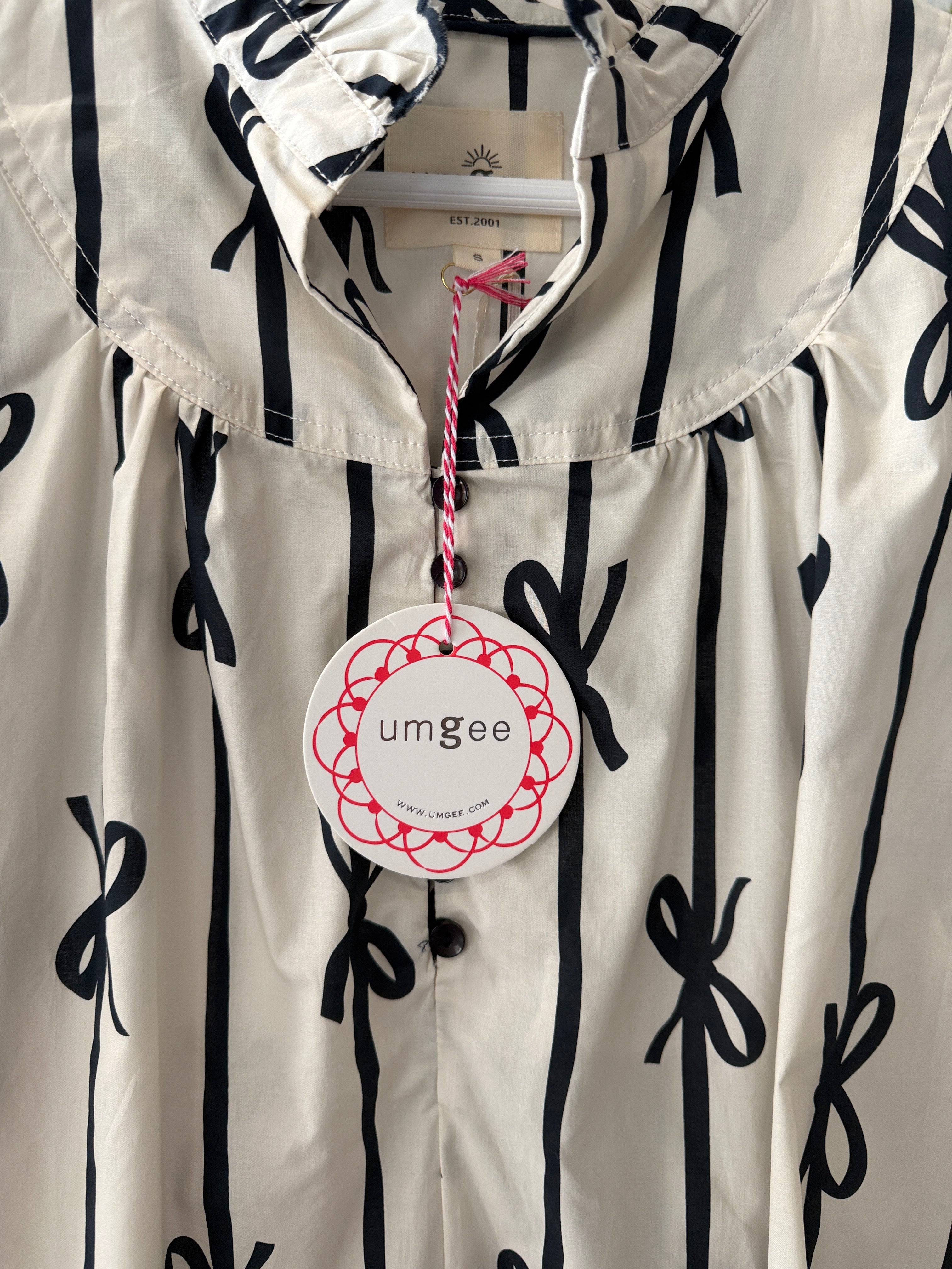 Umgee Black Bow-Print Cream Puff-Sleeve Dress