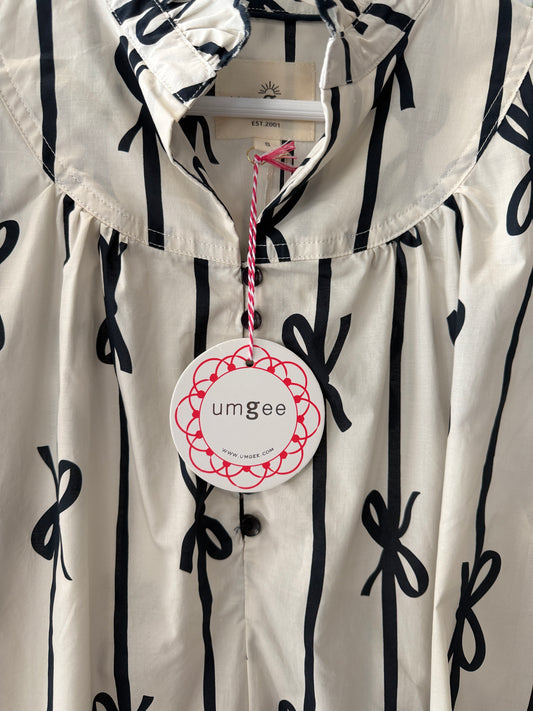 Umgee Black Bow-Print Cream Puff-Sleeve Dress