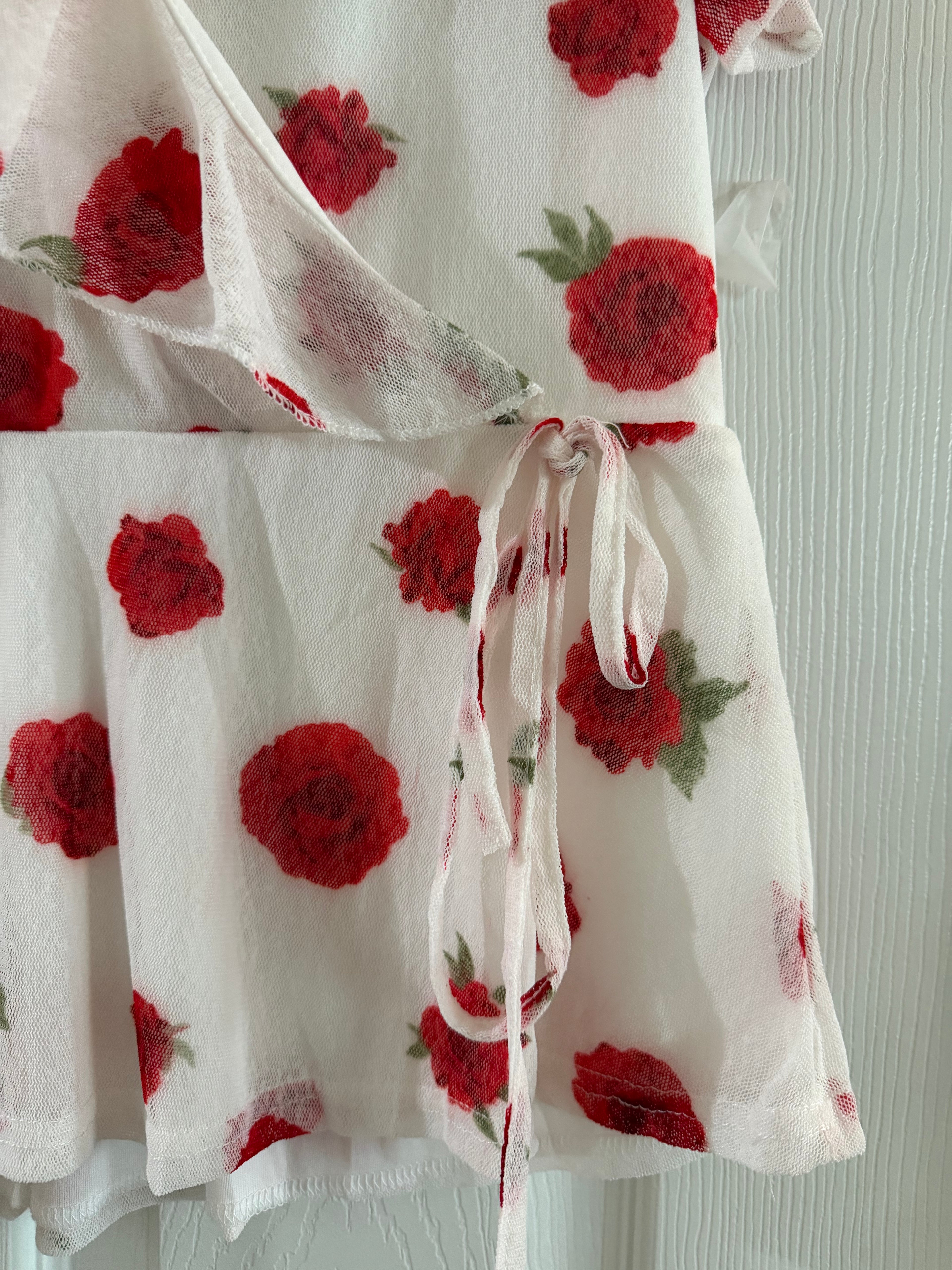 Red Rose Print Wrap Blouse in White