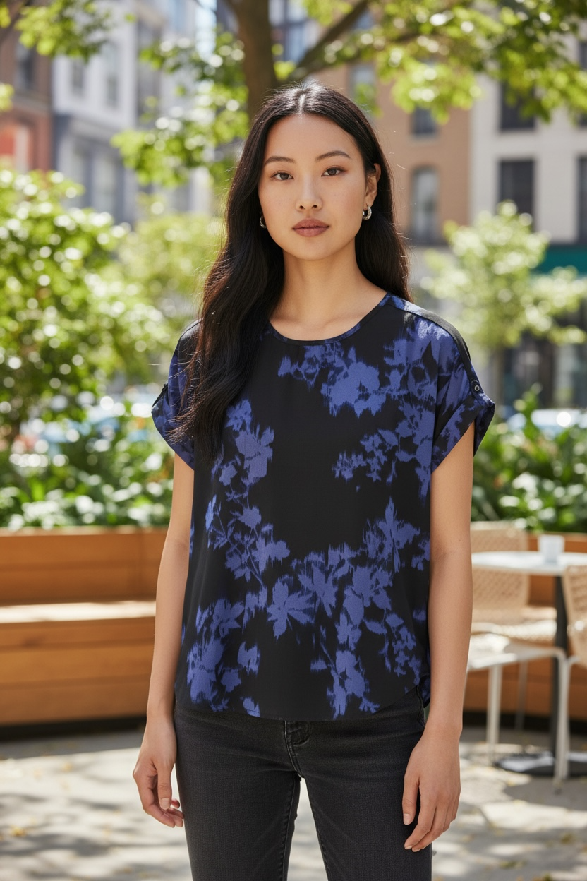 Maurices Black and Blue Floral Short-Sleeve Blouse
