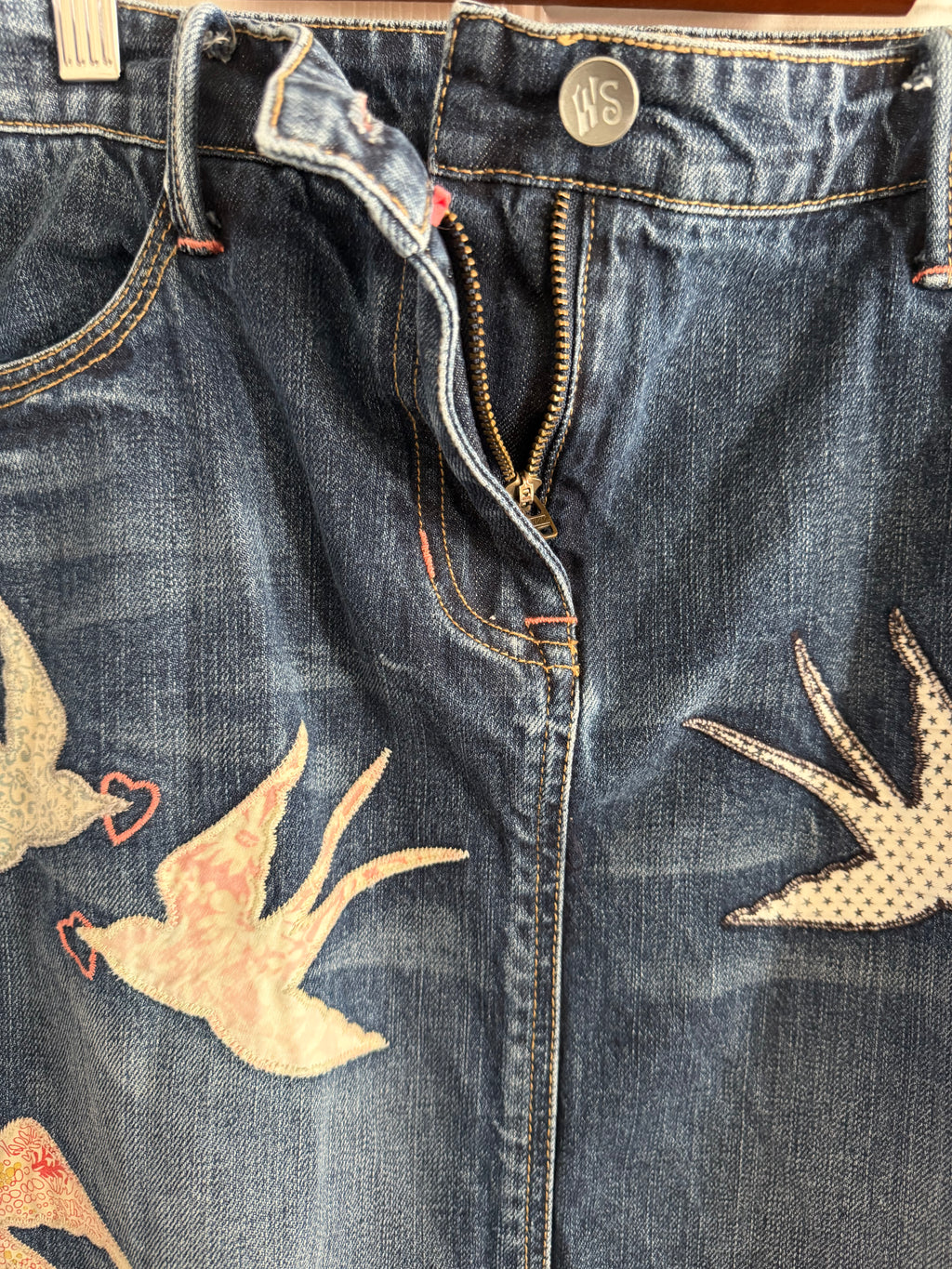 Women’s Dark Blue Denim Mini Skirt with Bird Appliqués