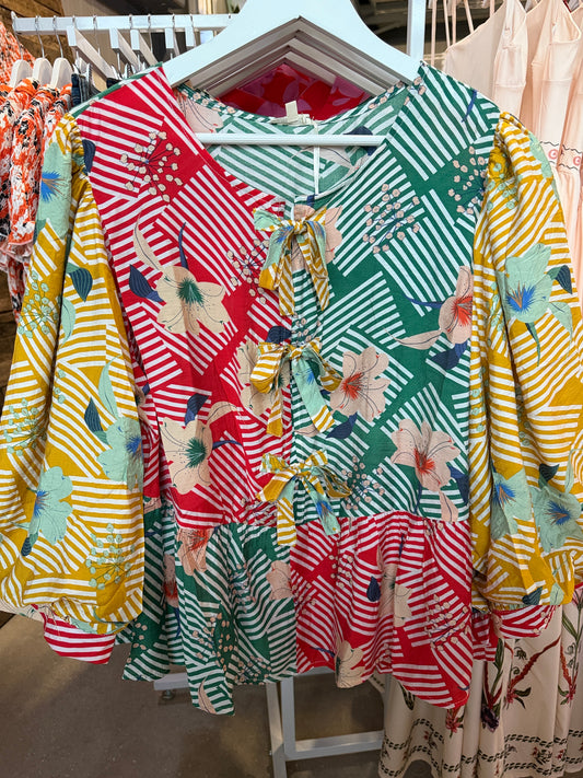 Jodifl Multicolor Floral Patchwork Tie-Front Top