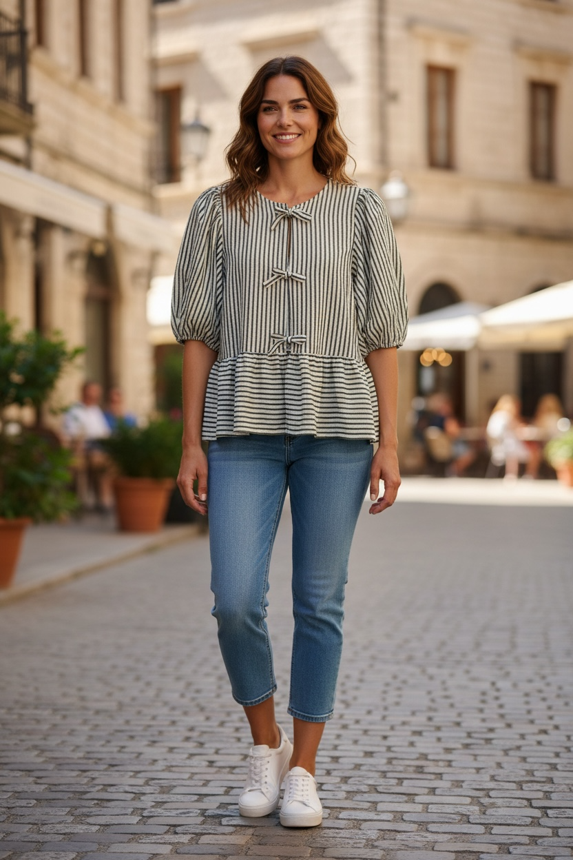 Marc New York Andrew Marc Cream Striped Tie-Front Peplum Top