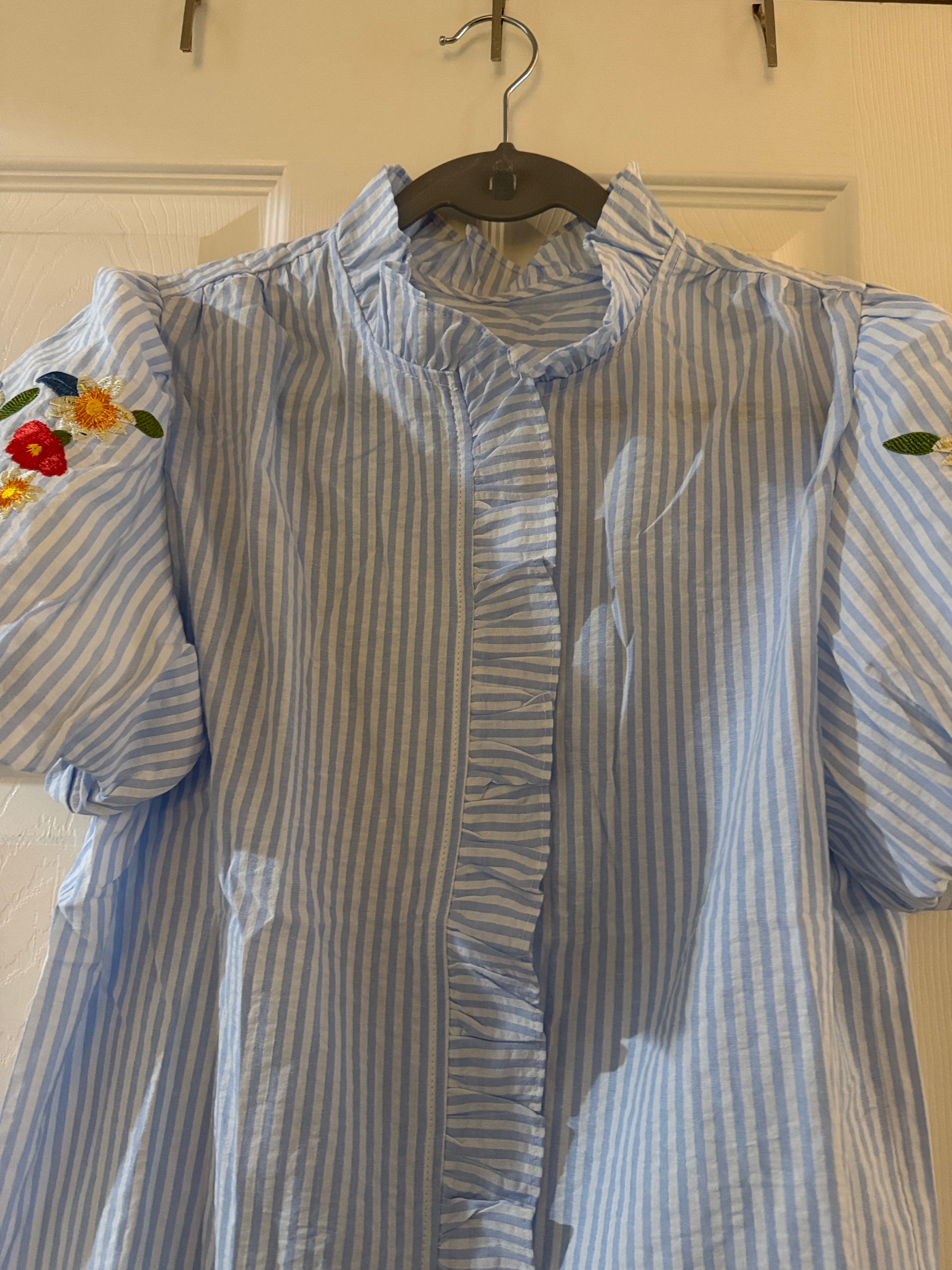 Light Blue Striped Ruffle Front Blouse with Floral Embroidered Sleeves