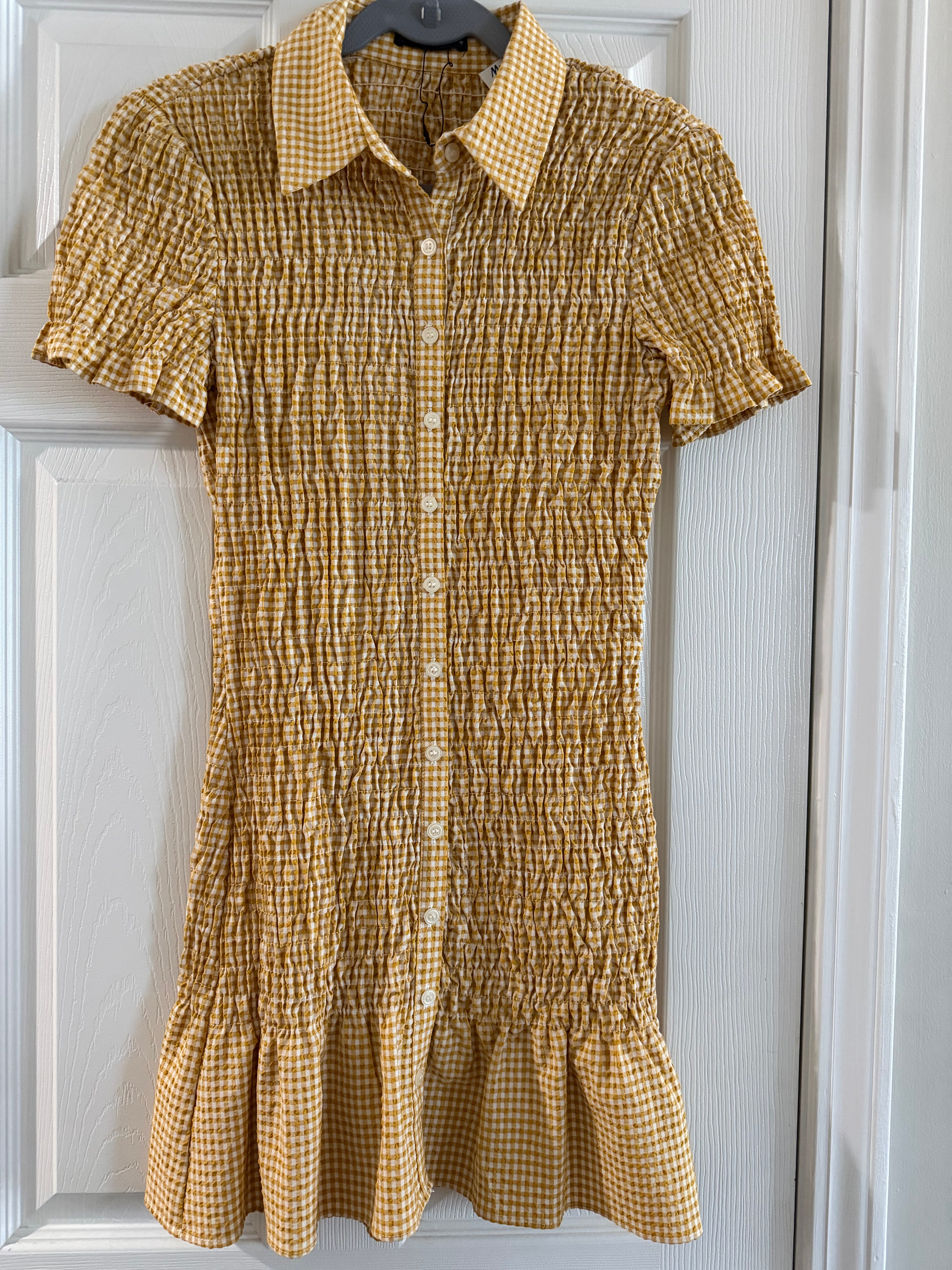 Zara Yellow Gingham Smocked Button-Down Dress
