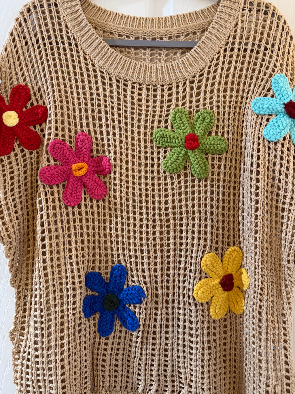 Beige Crochet Flower Appliqué Sweater Top