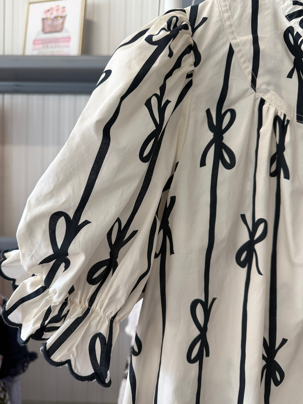 Umgee Black Bow-Print Cream Puff-Sleeve Dress
