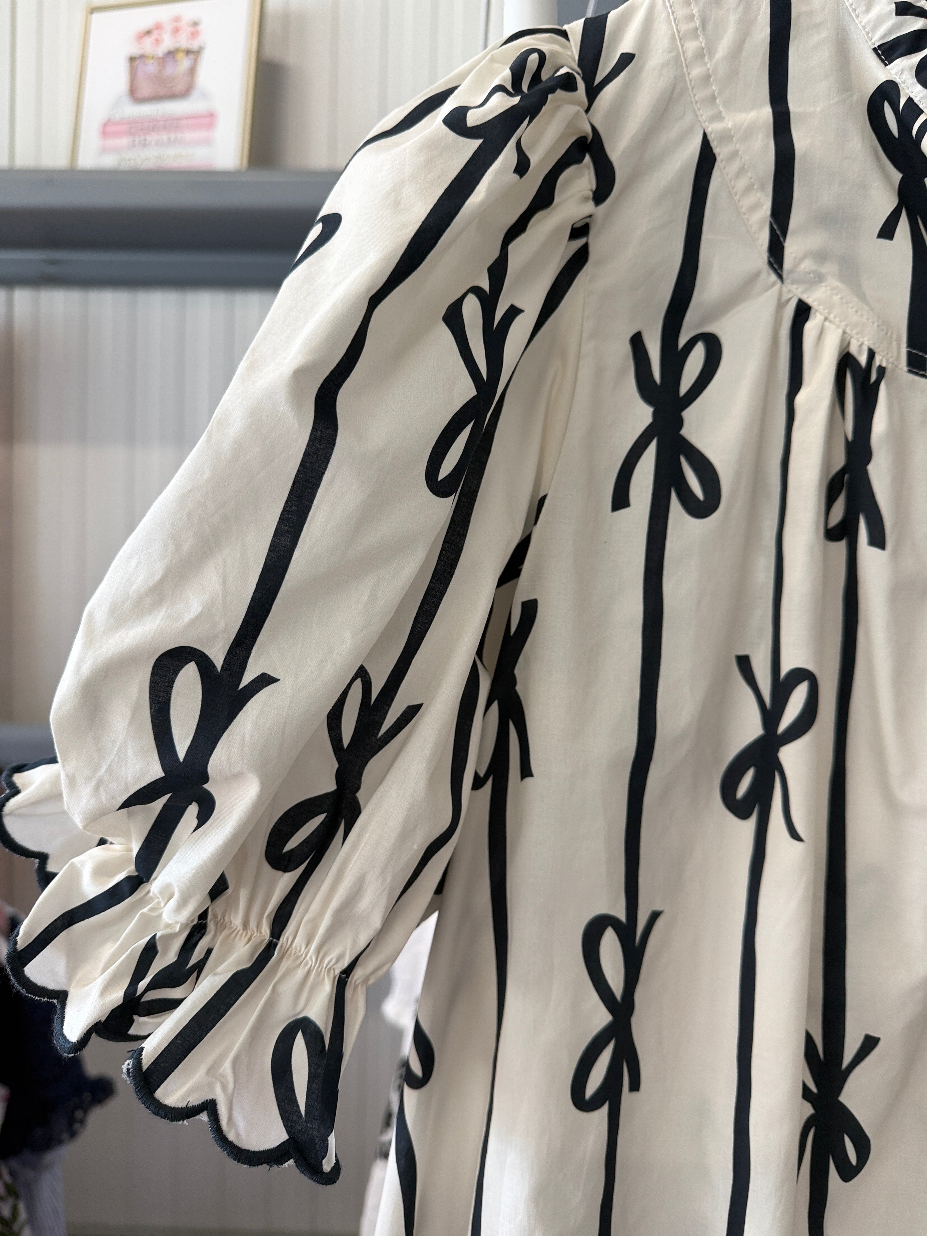 Umgee Black Bow-Print Cream Puff-Sleeve Dress