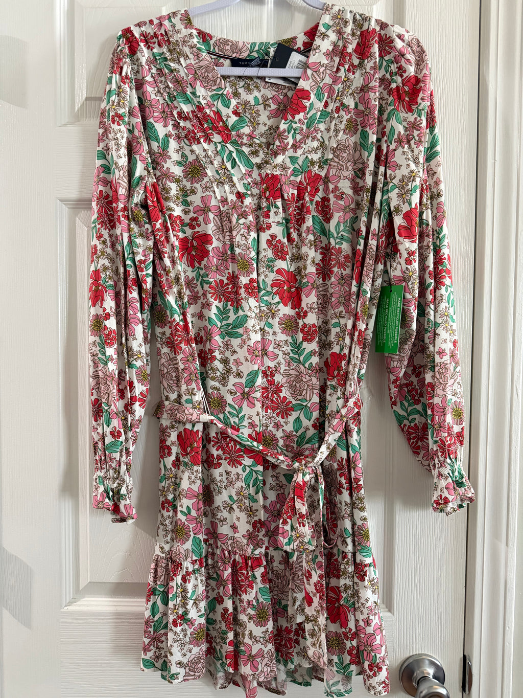 Floral Tie-Waist Midi Sleeve Dress-White with Red & Pink Flowers
