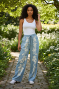 Light Blue Floral Wide-Leg Pants