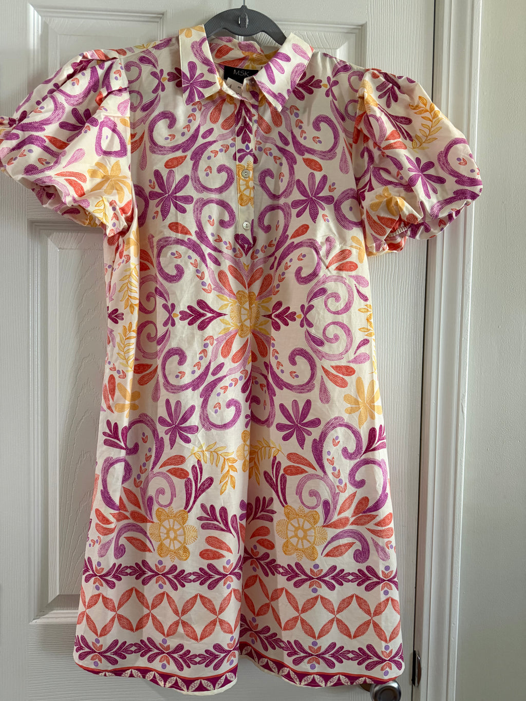 Floral Puff-Sleeve Dress in Purple, Orange & Yellow