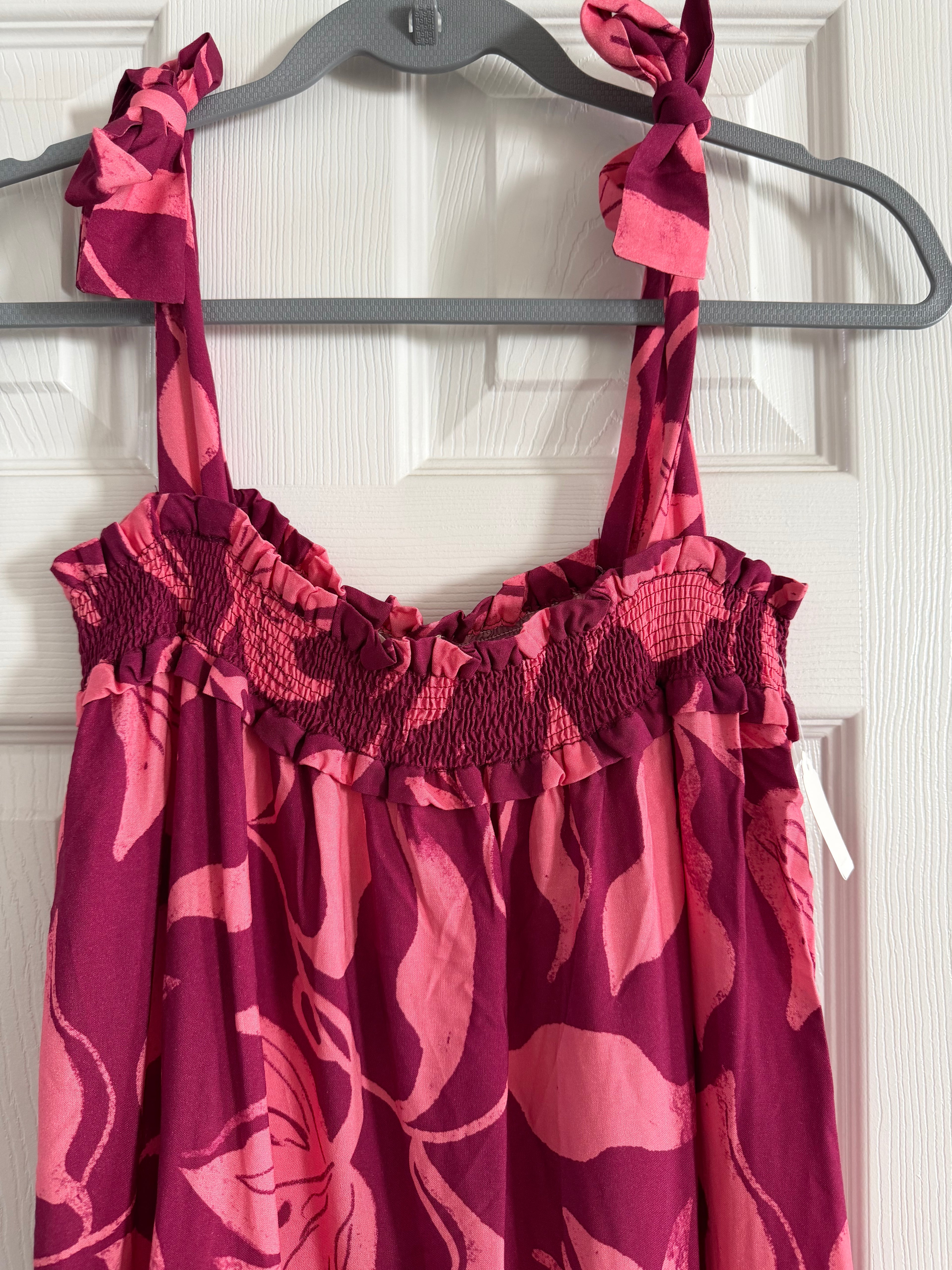 Women’s Pink Floral Midi Sundress-Sleeveless Tie Strap