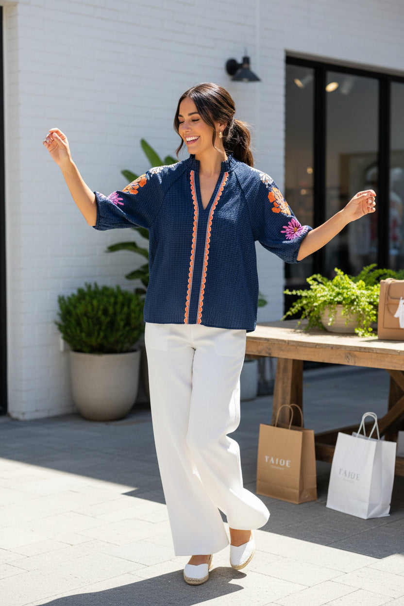 Navy Blouse with Puffed Sleeves and Multicolored Embroidered Flowers