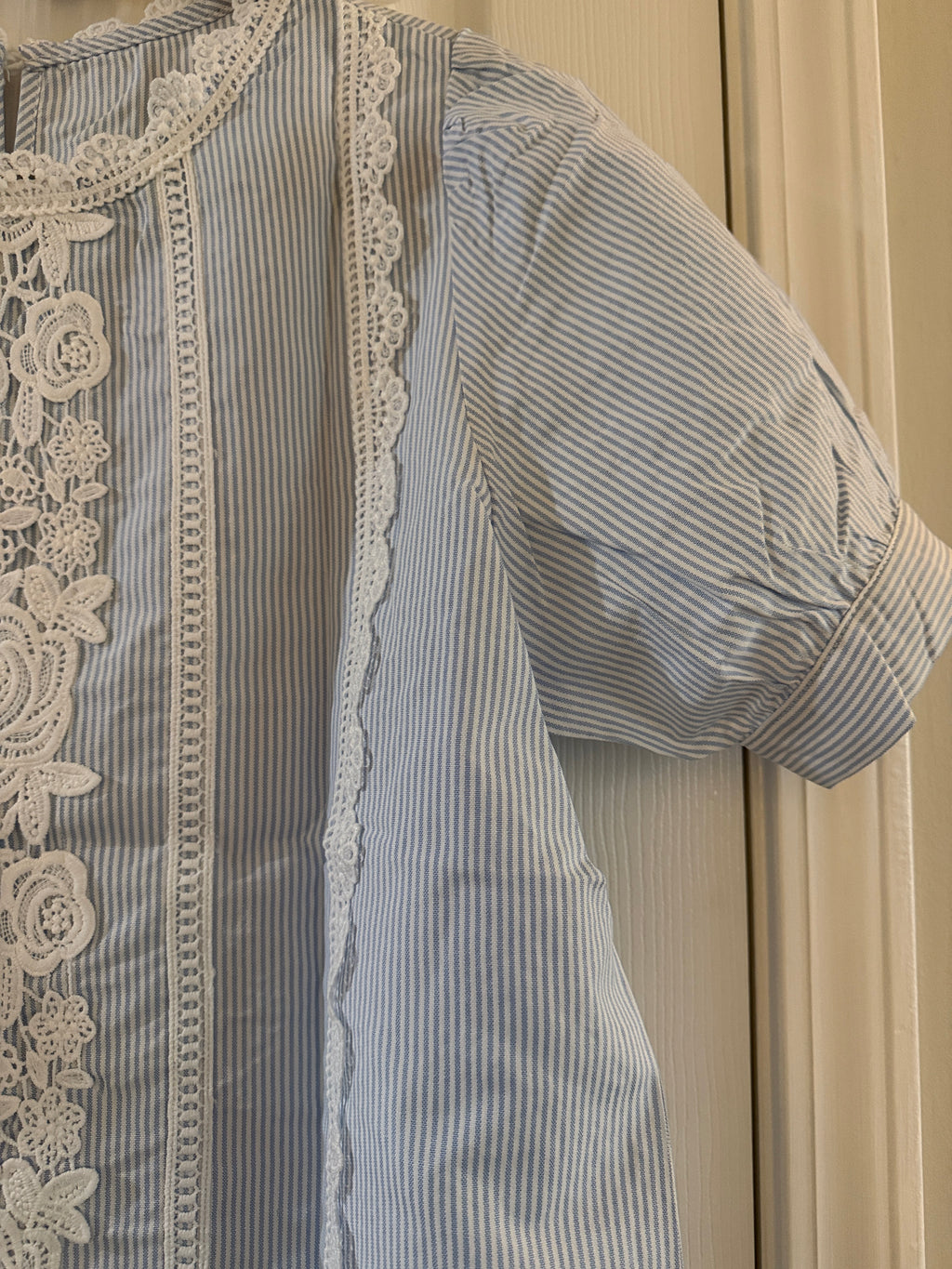 Blue Striped Lace-Trim Blouse