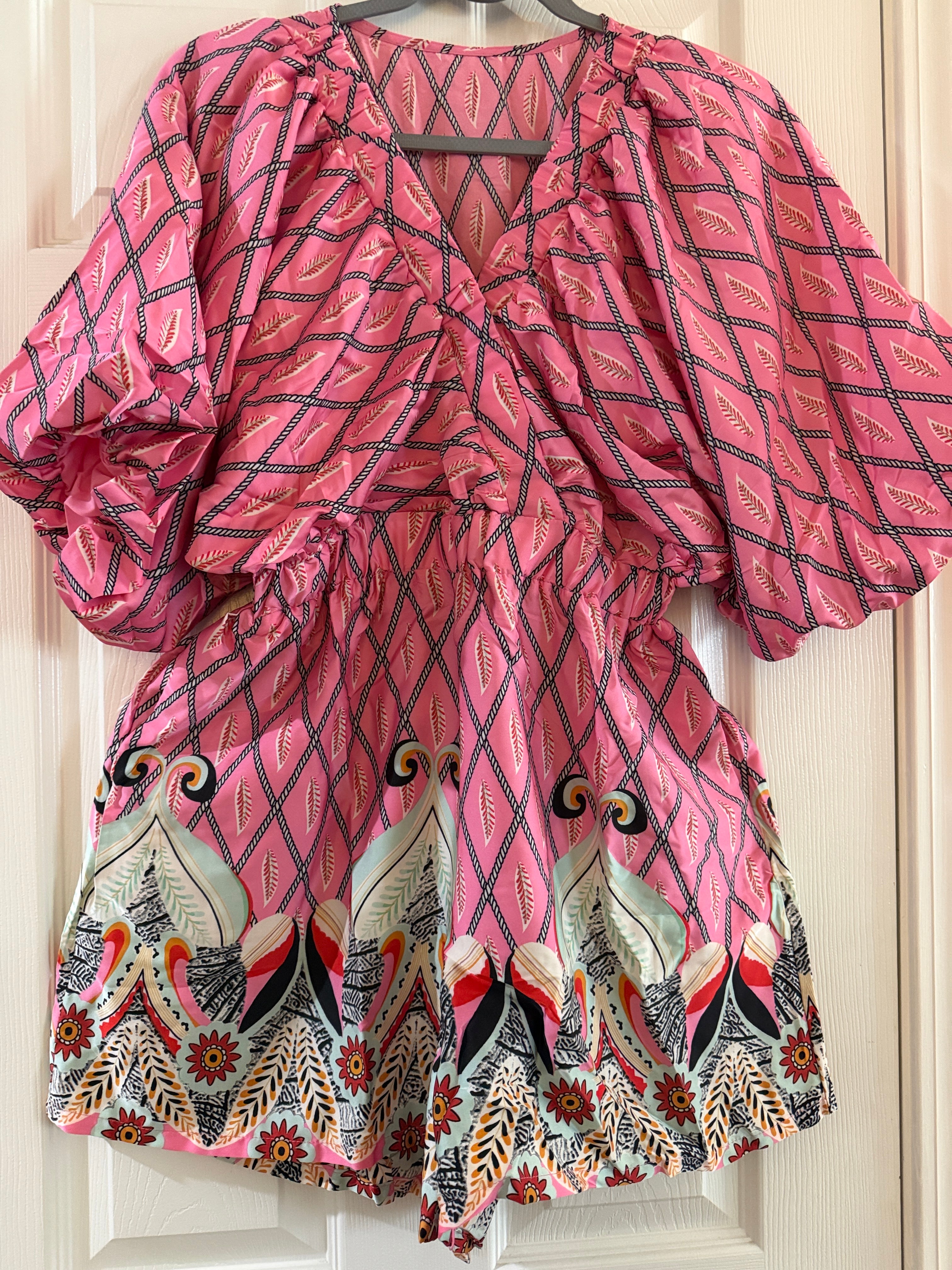 Pink Patterned Boho Romper with Flutter Sleeves